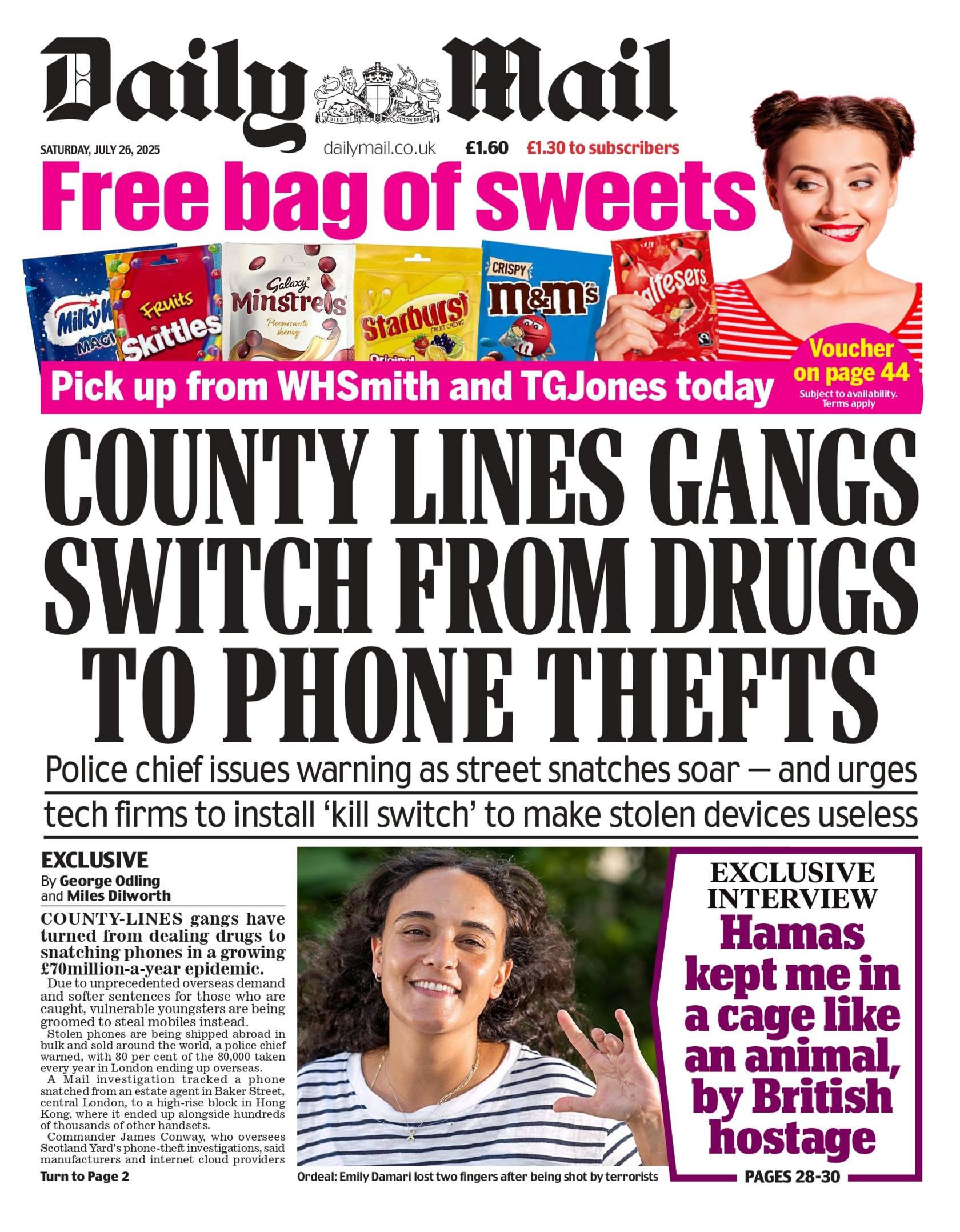 The front Page of the Daily Mail, which has a photograph of a woman wearing a striped shirt, who was taken hostage by Hamas. The headline is "County Lines Gangs Switch From Drugs to Phone Thefts". 