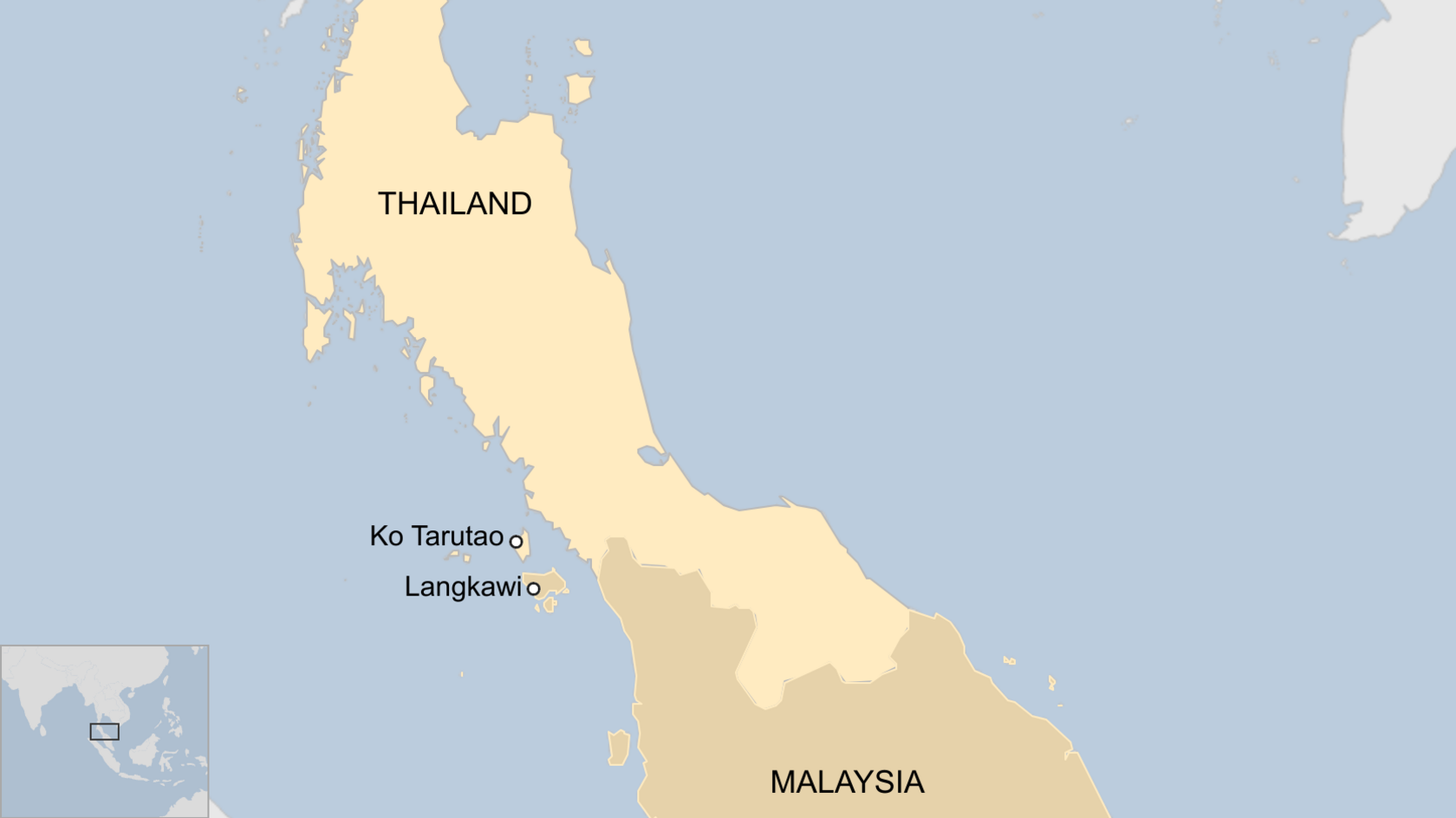 A map showing the islands of Ko Tarutao and Langkawi