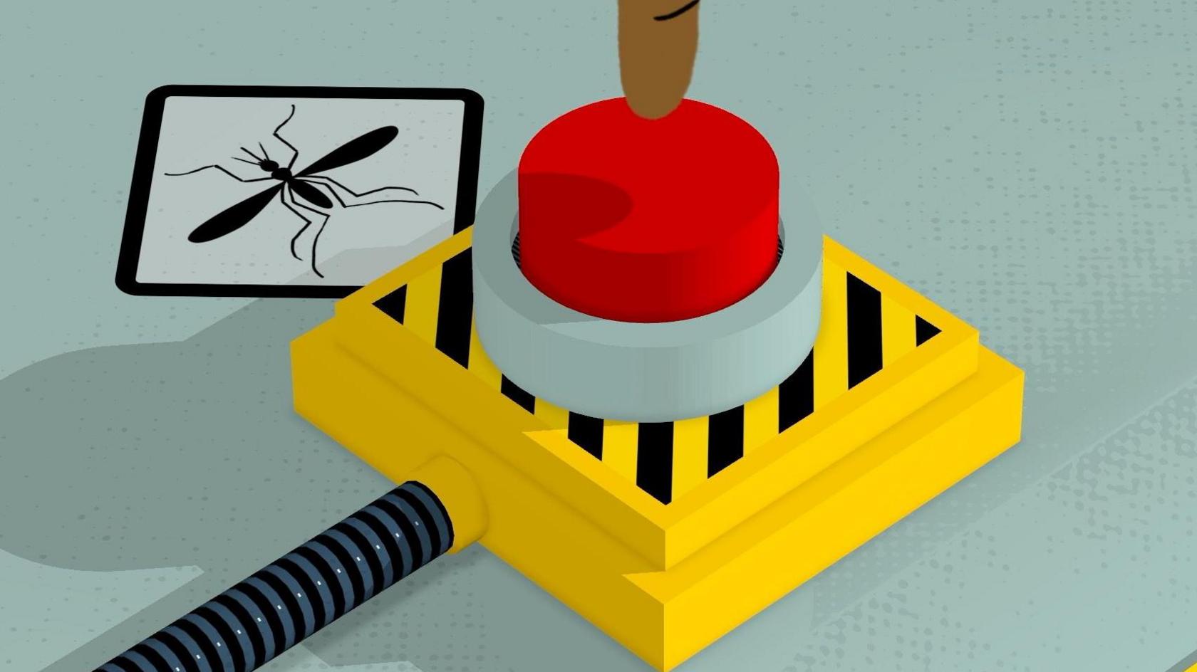 Illustration of a big red button next to an image of a mosquito and a finger poised to push it