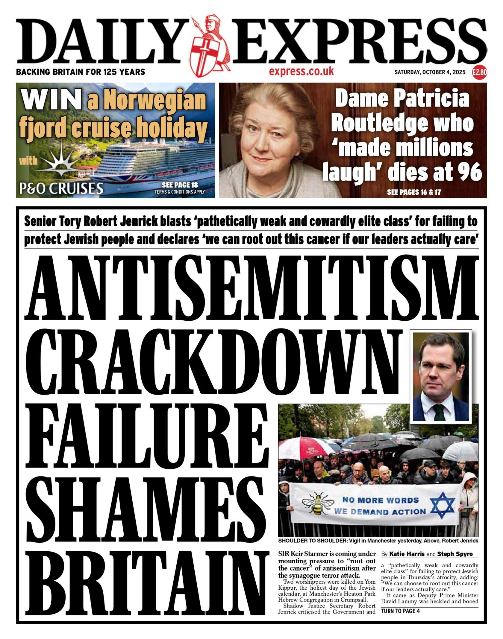 "Antisemitism crackdown shames Britain" reads the headline on the front page of the Daily Express.
