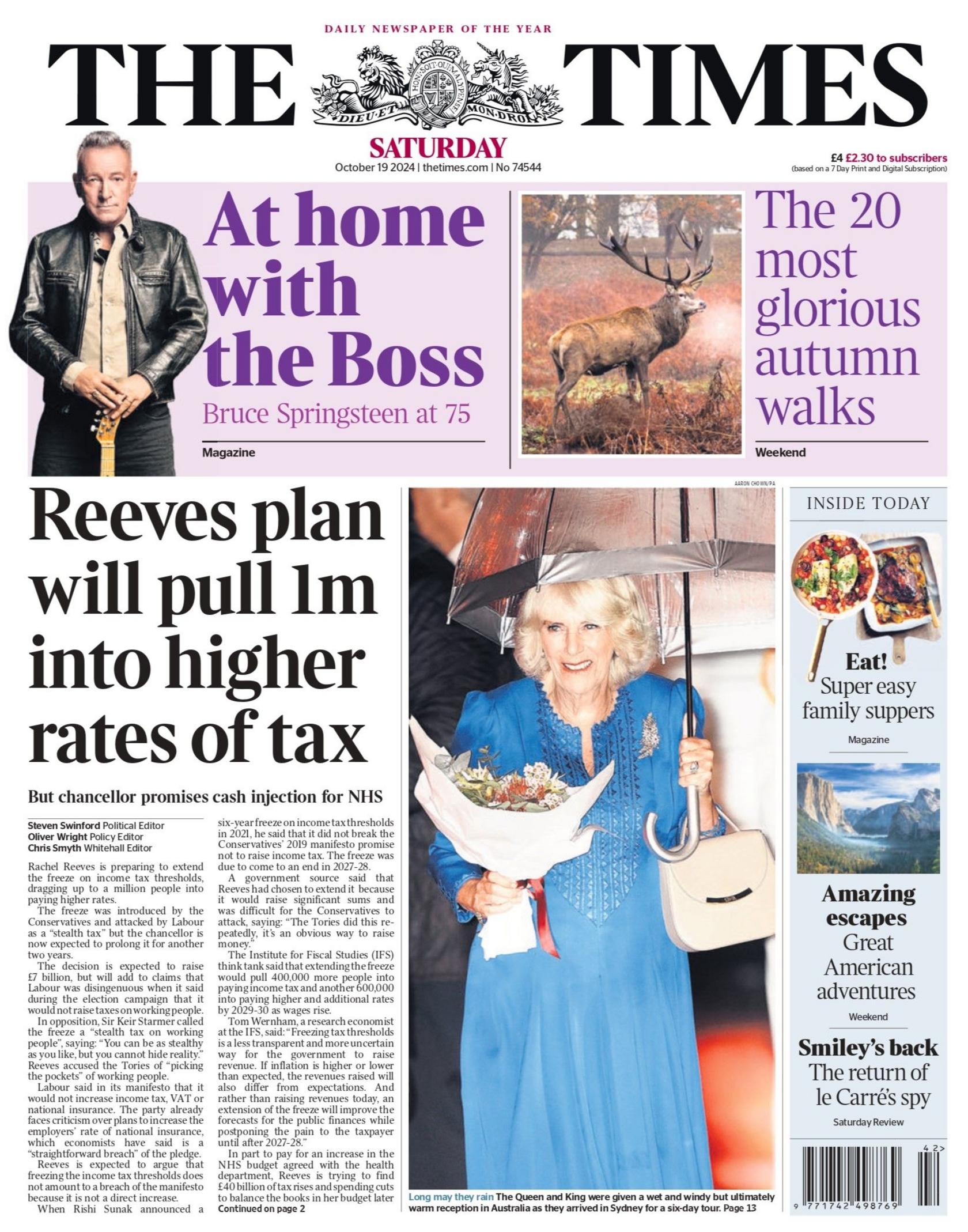 The headline on the front page of the the Times reads "Reeves plan will pull 1m into higher rates of tax".