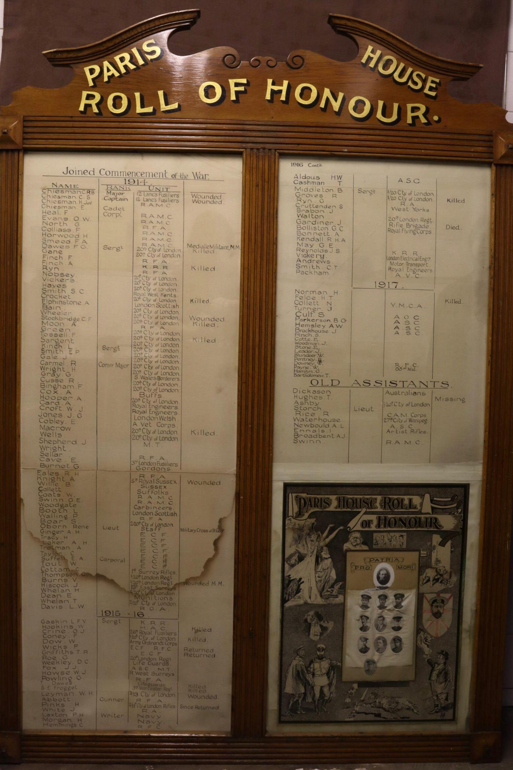 Honor roll with handwritten names of Chiesman's staff who served in the Great War