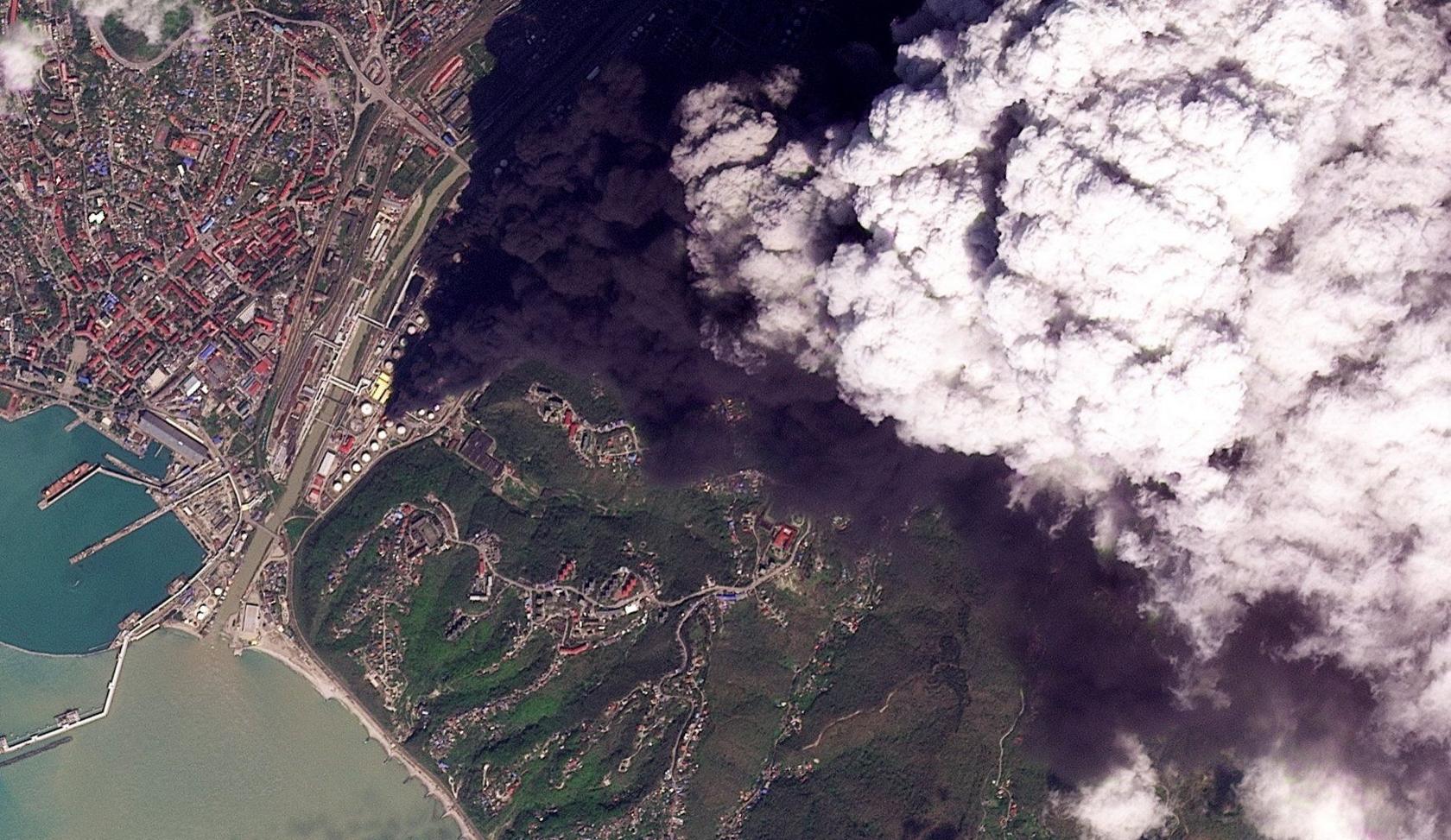 A satellite image of smoke rising after, according to Ukraine's military, an overnight strike on an oil refinery in Tuapse, Russia