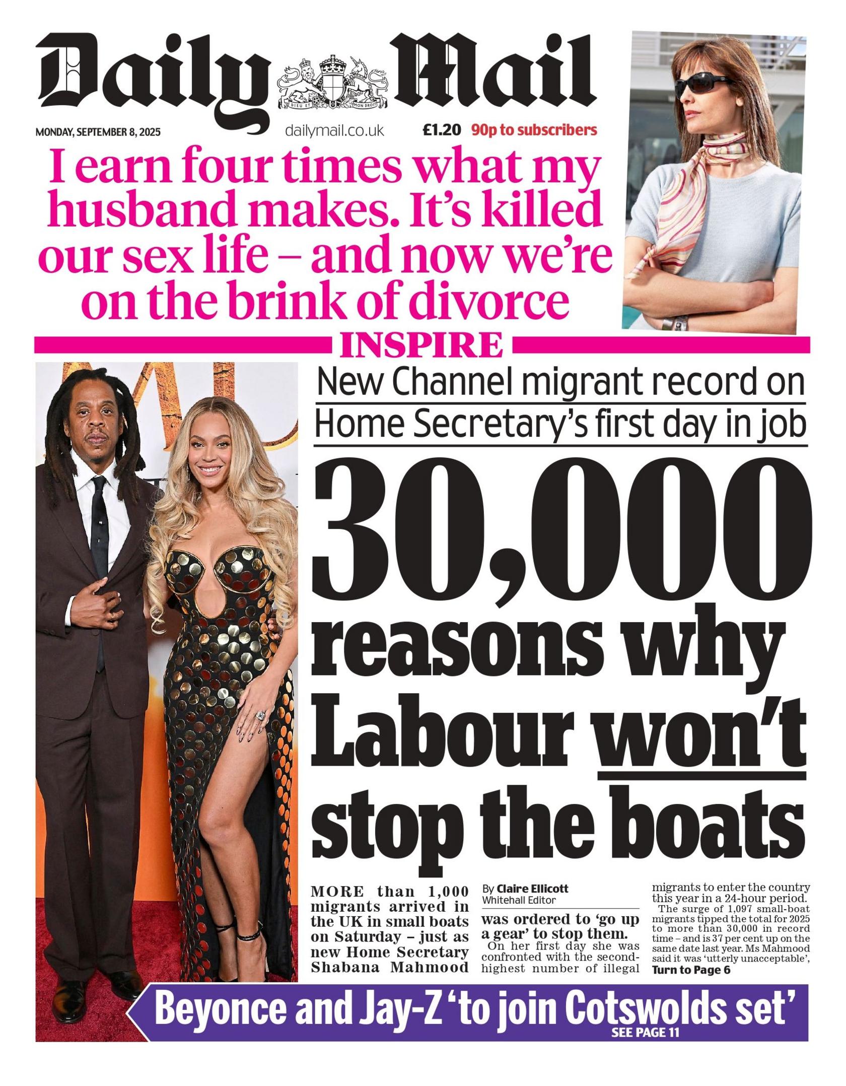 The headline on the front page of the Daily Mail reads: "30,000 reasons why Labour won't stop the boats".
