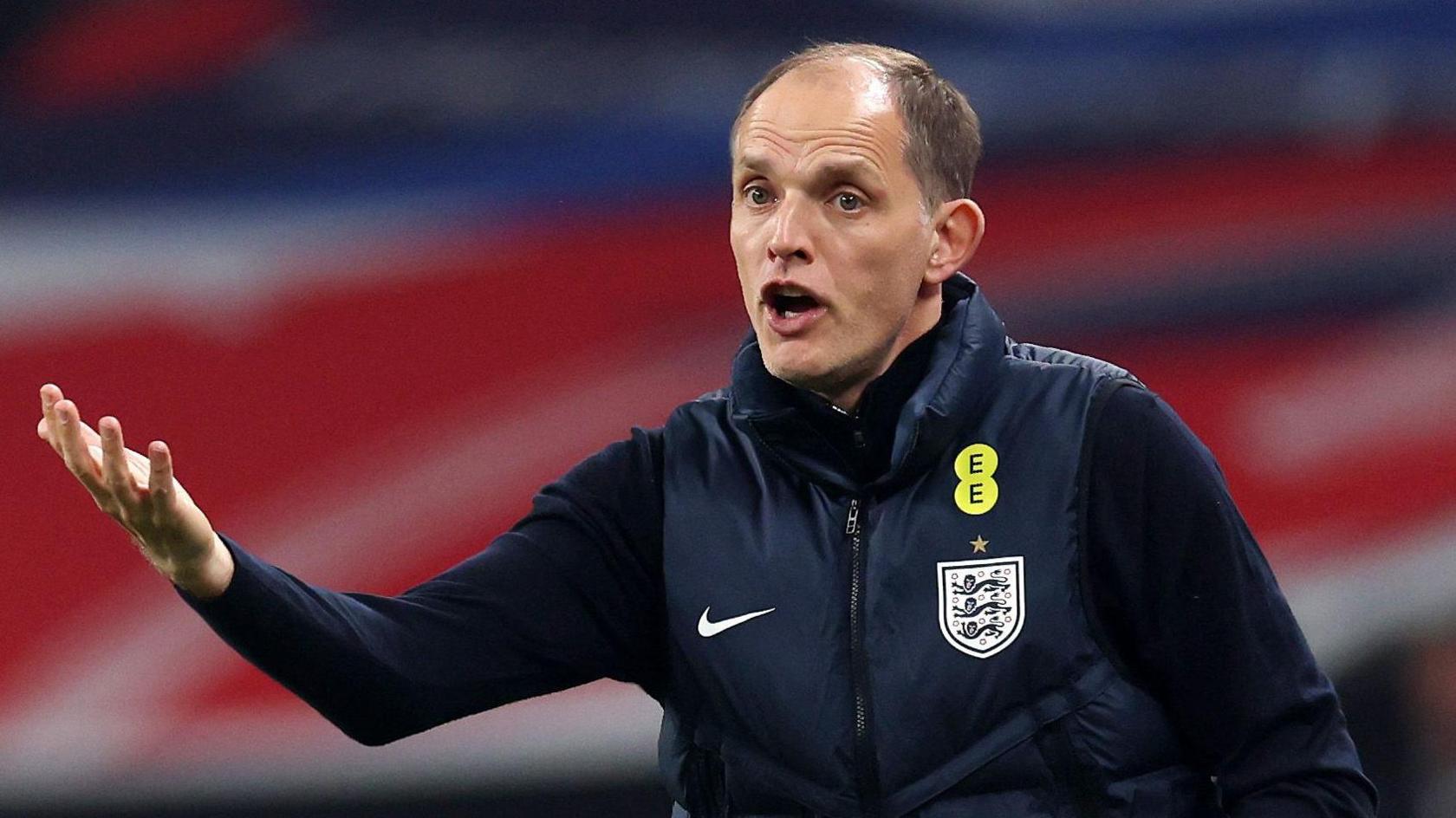 England head coach Thomas Tuchel shows frustration on his face and with an outstretched hand gesture as he watches from the touchline during the friendly against Japan at Wembley