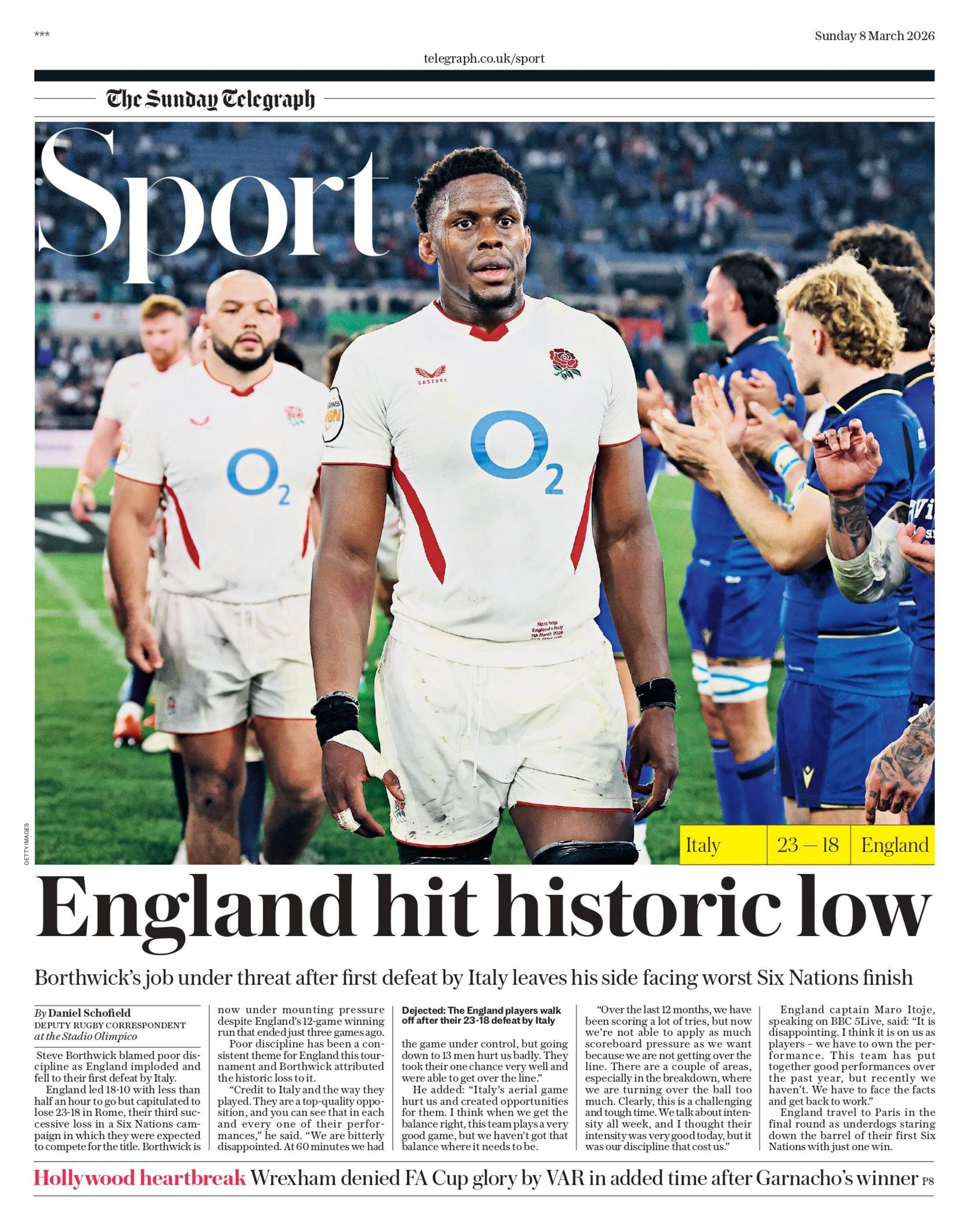 Front page of the Sunday Telegraph sport section with the headline "England hit historic low"