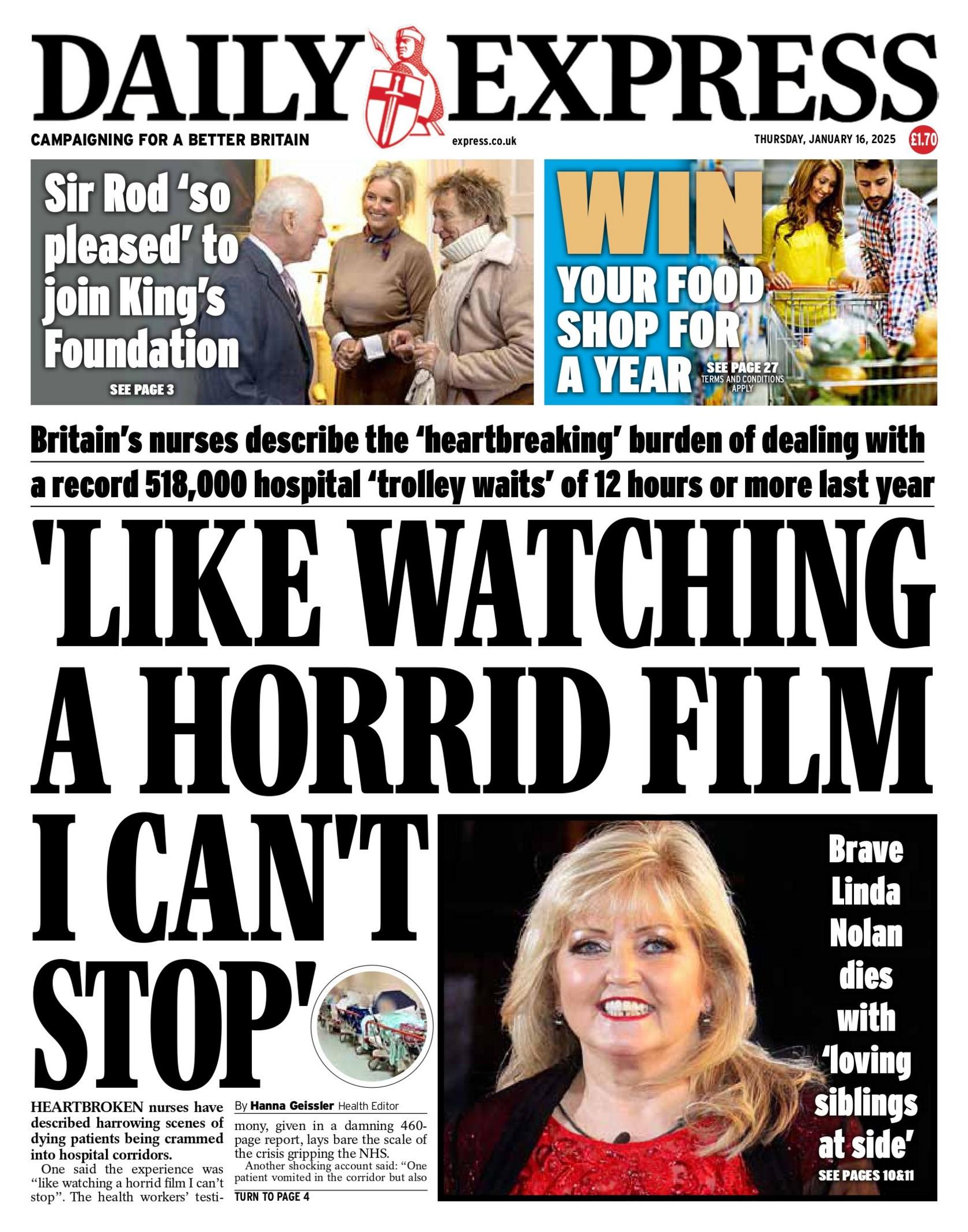 The headline on the front page of the Daily Express reads: "'Like watching a horrid film I can't stop'"