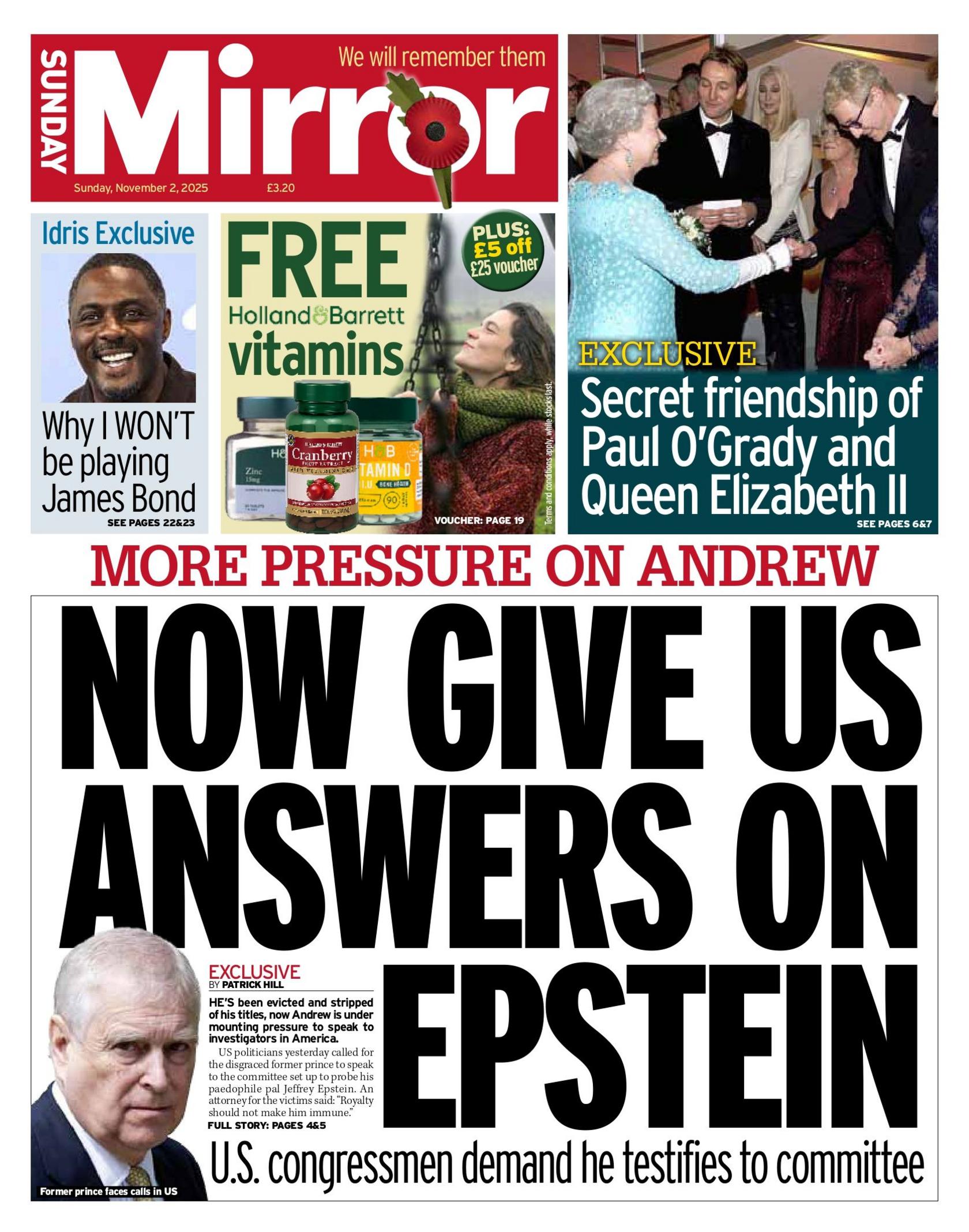"Now give us answers on Epstein," reads the headline on the front page of the Sunday Mirror