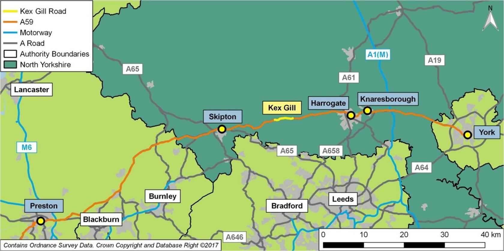 Map shows the A59 in North Yorkshire, which links Harrogate and Skipton