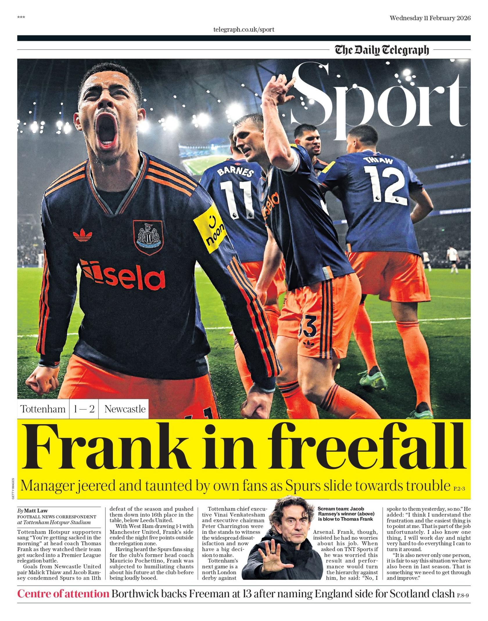 Telegraph back page with the headline "Frank in freefall - manager jeered and taunted by own fans as Spurs slide towards trouble".