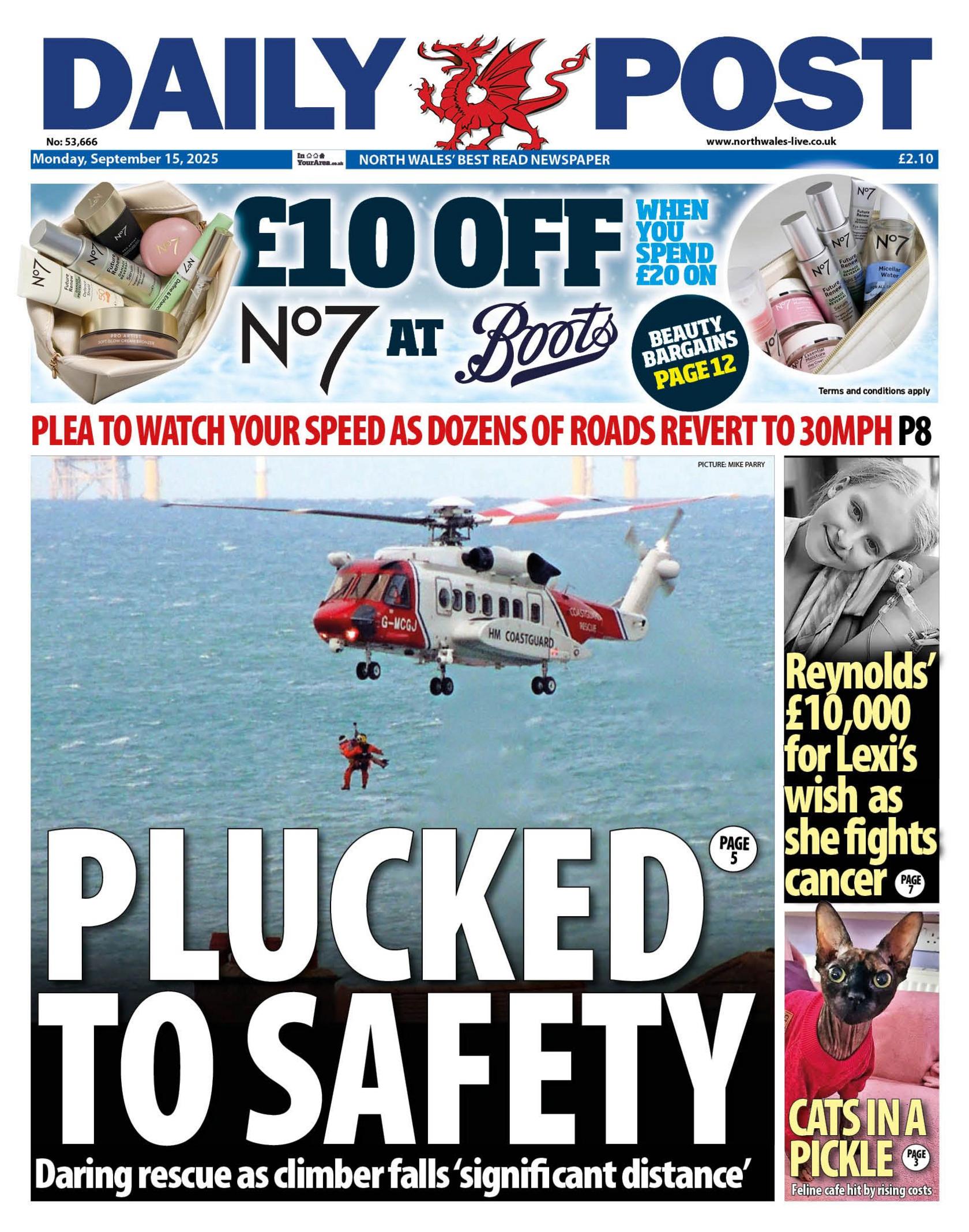 Front page of Daily Post shows the main headline 'Plucked to safety' next to an image of a HM Coastguard rescue helicopter flying over a sea with a person dangling beneath it. Other headlines read: 'Reynolds' £10,000 for Lexi's wish as she fights cancer, 'Plea to watch your speed as dozens of roads revert to 30mph, 'Cats in a pickle'.