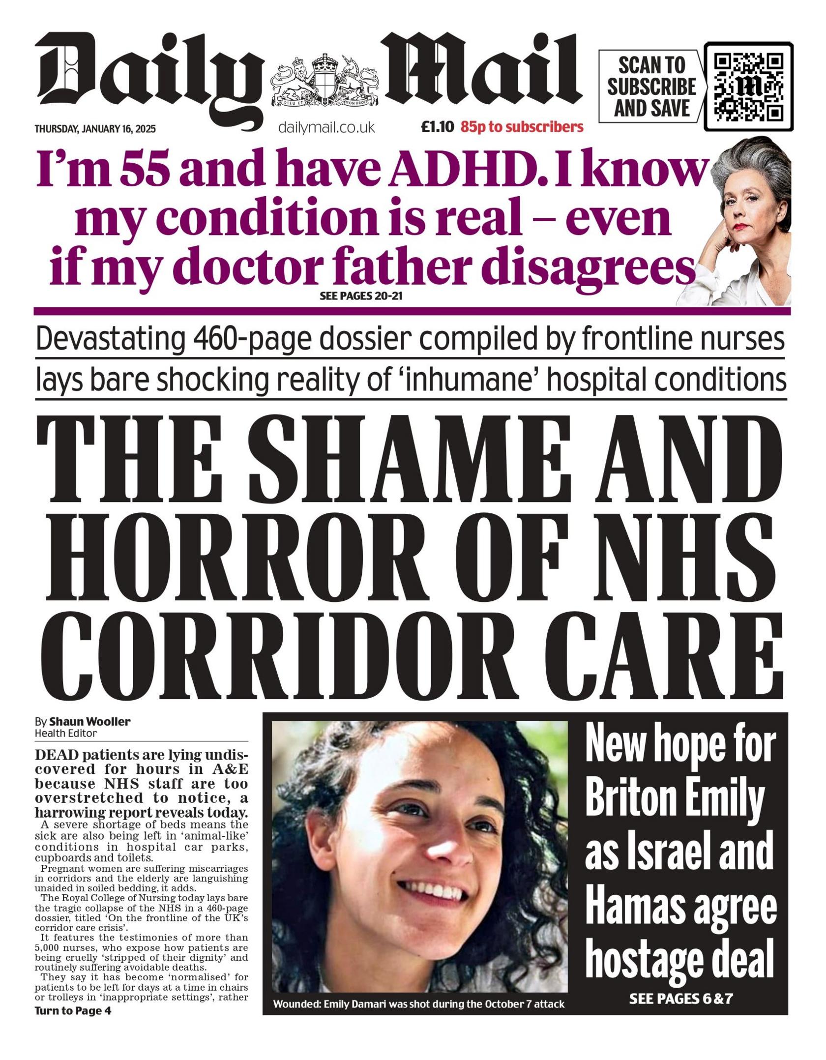 The headline on the front page of the Daily Meal reads: "The shame and horror of NHS corridor care".