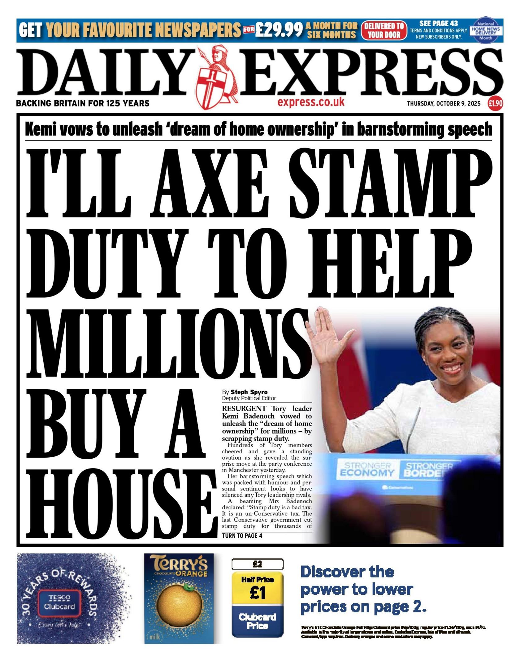 "I'll axe stamp duty to help millions buy a house," reads the headline on the front page of the Daily Express