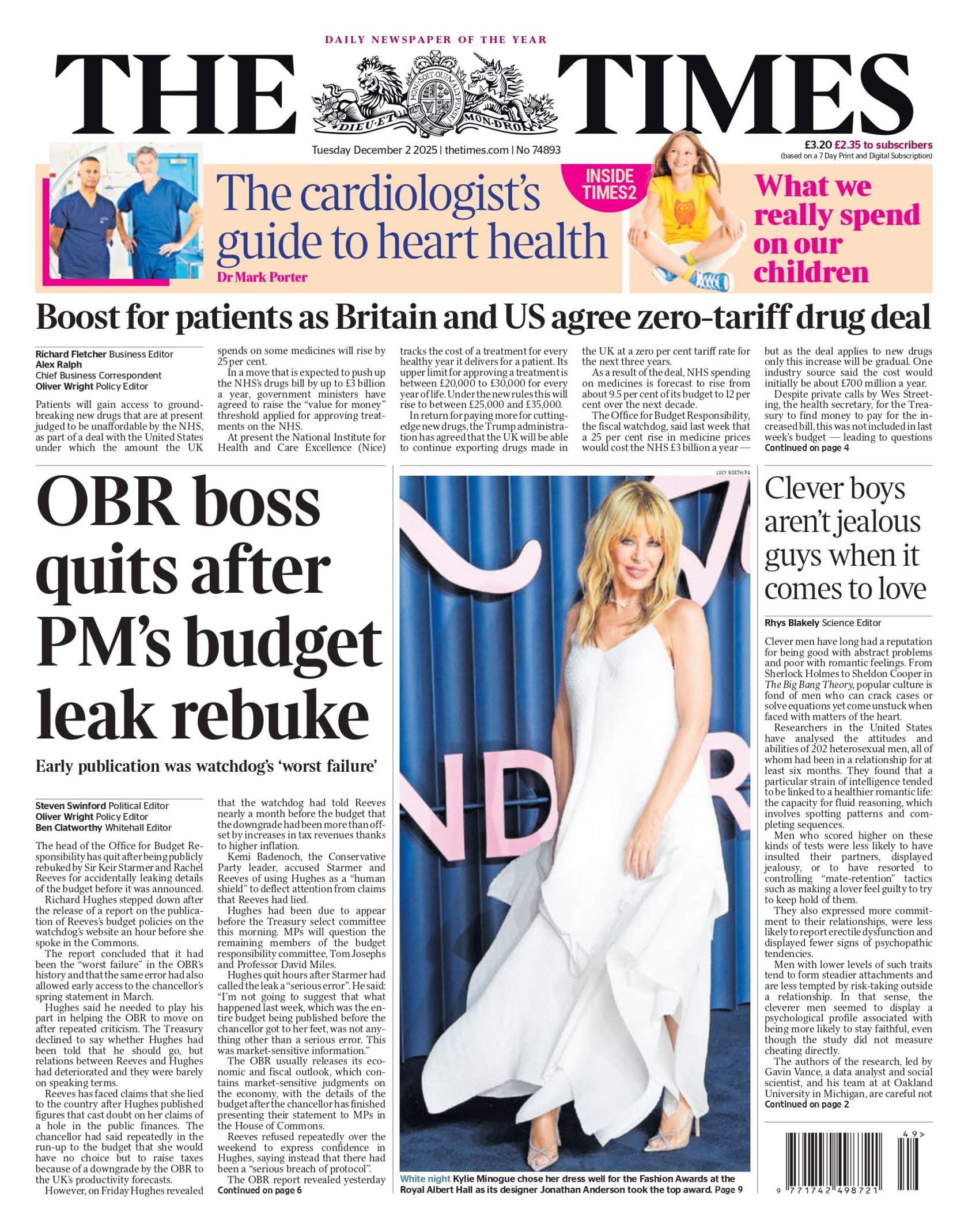 "OBR boss quits after PM's budget leak rebuke" reads the headline on the front page of The Times.