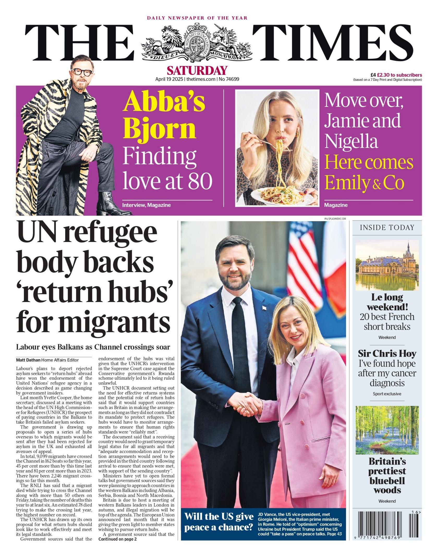 The Times says "UN refugee body backs 'return hubs' for migrants".
