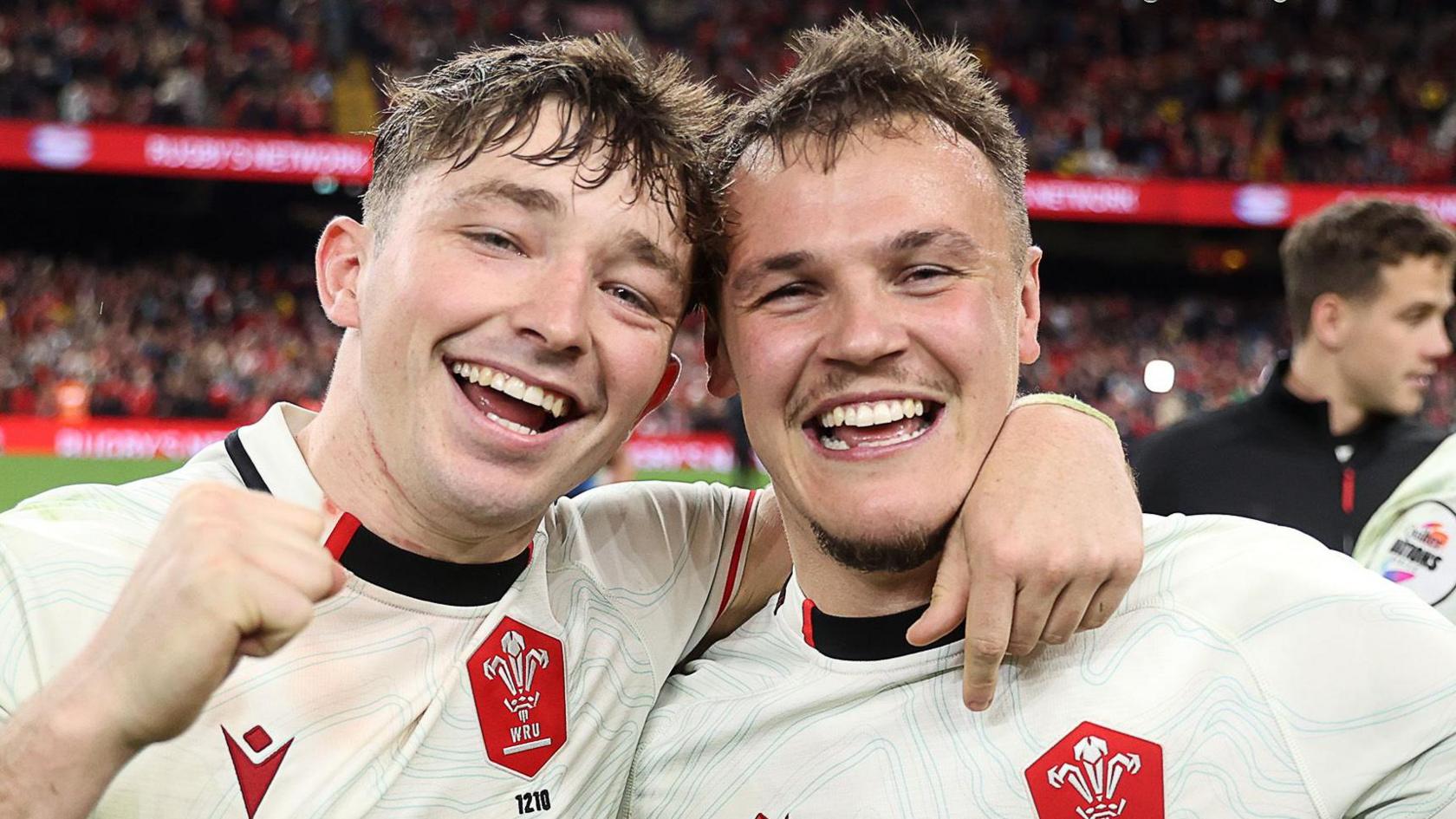 Jarrod Evans (right) celebrates with Dan Edwards with the pair scoring 14 out of 24 points for Wales in the 24-23 win against Japan