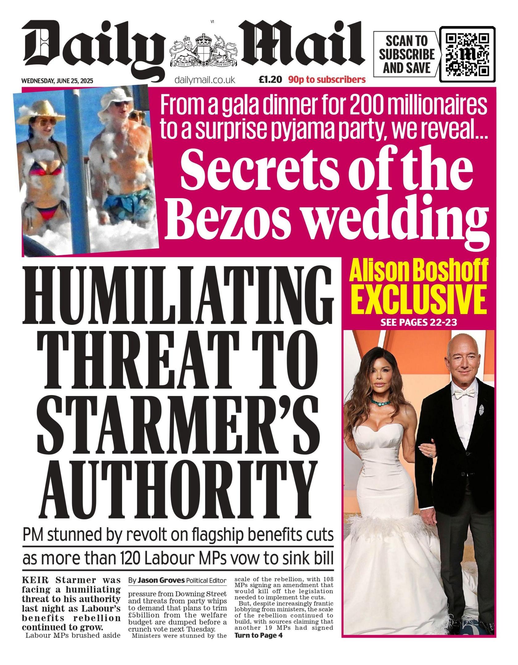 "Humiliating threat to Starmer's authority" reads the headline on the front page of the Daily Mail.