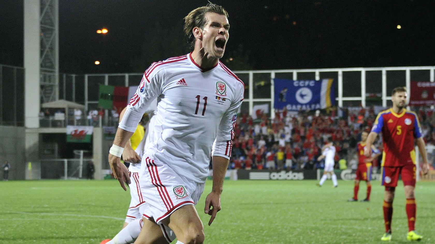 Gareth Bale celebrates scoring for Wales