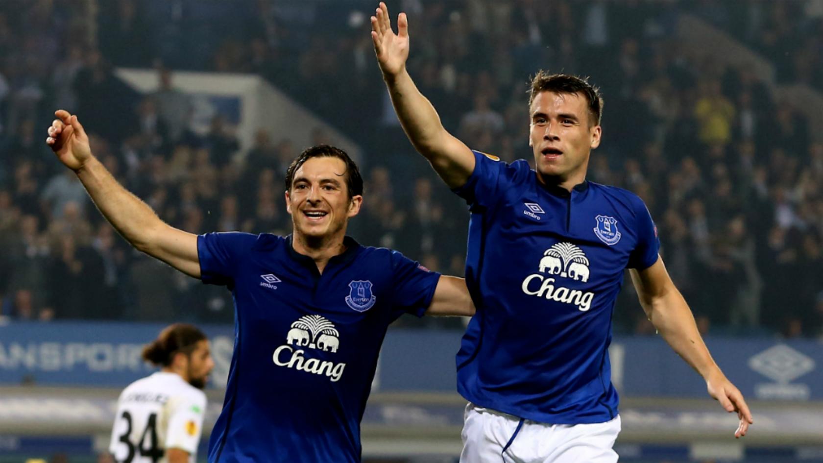 Leighton Baines of Everton celebrates with teammate Seamus Coleman