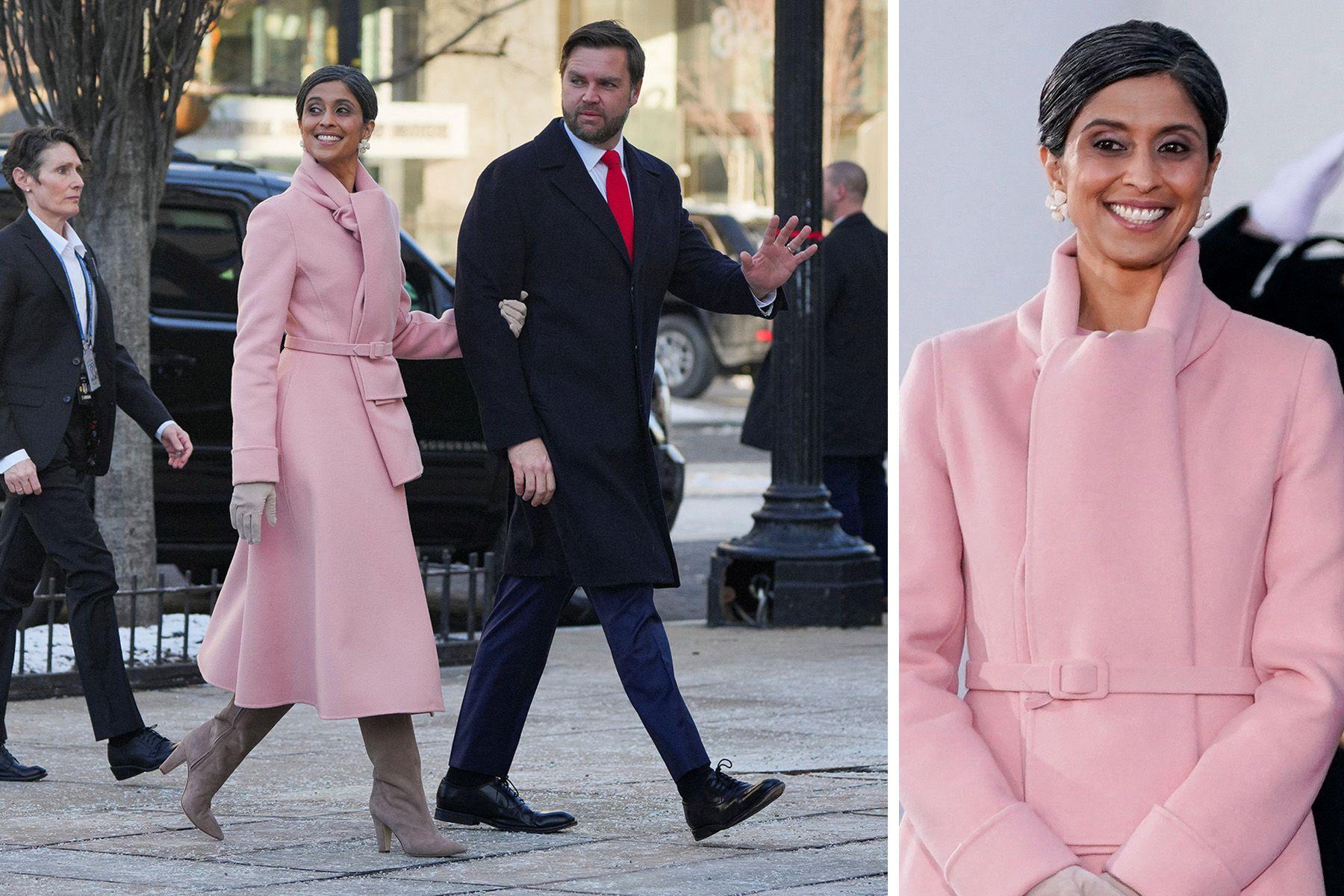 A composite image showing Usha Vance and Vice President-elect, U.S. Sen. J.D. Vance on the left, and a closer-cropped image of Usha Vance wearing her fluffy pink scarf and matching dress, on the right