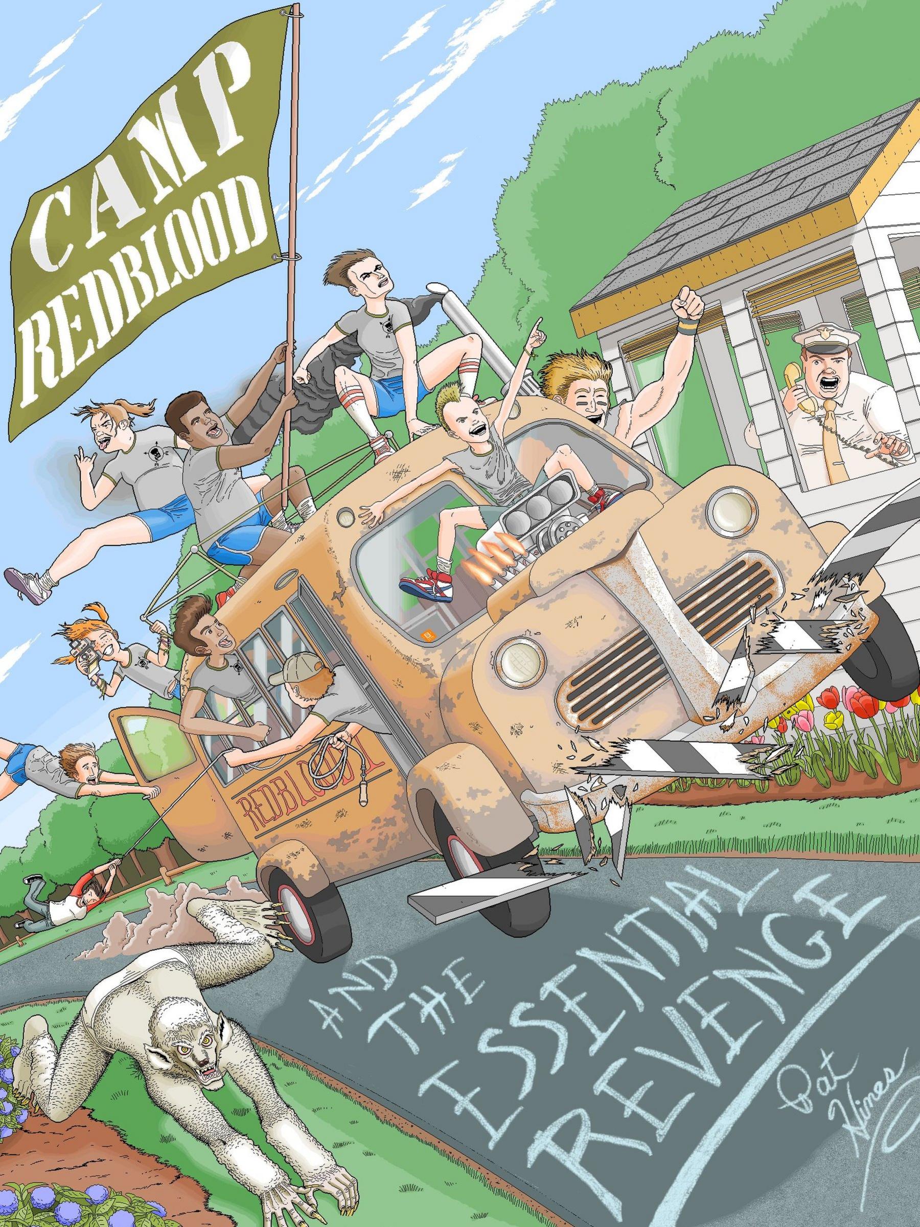 Cover of the e-book Camp Redblood and the Essential Revenge showing a bus driven by rebellious young campers driving through a security checkpoint