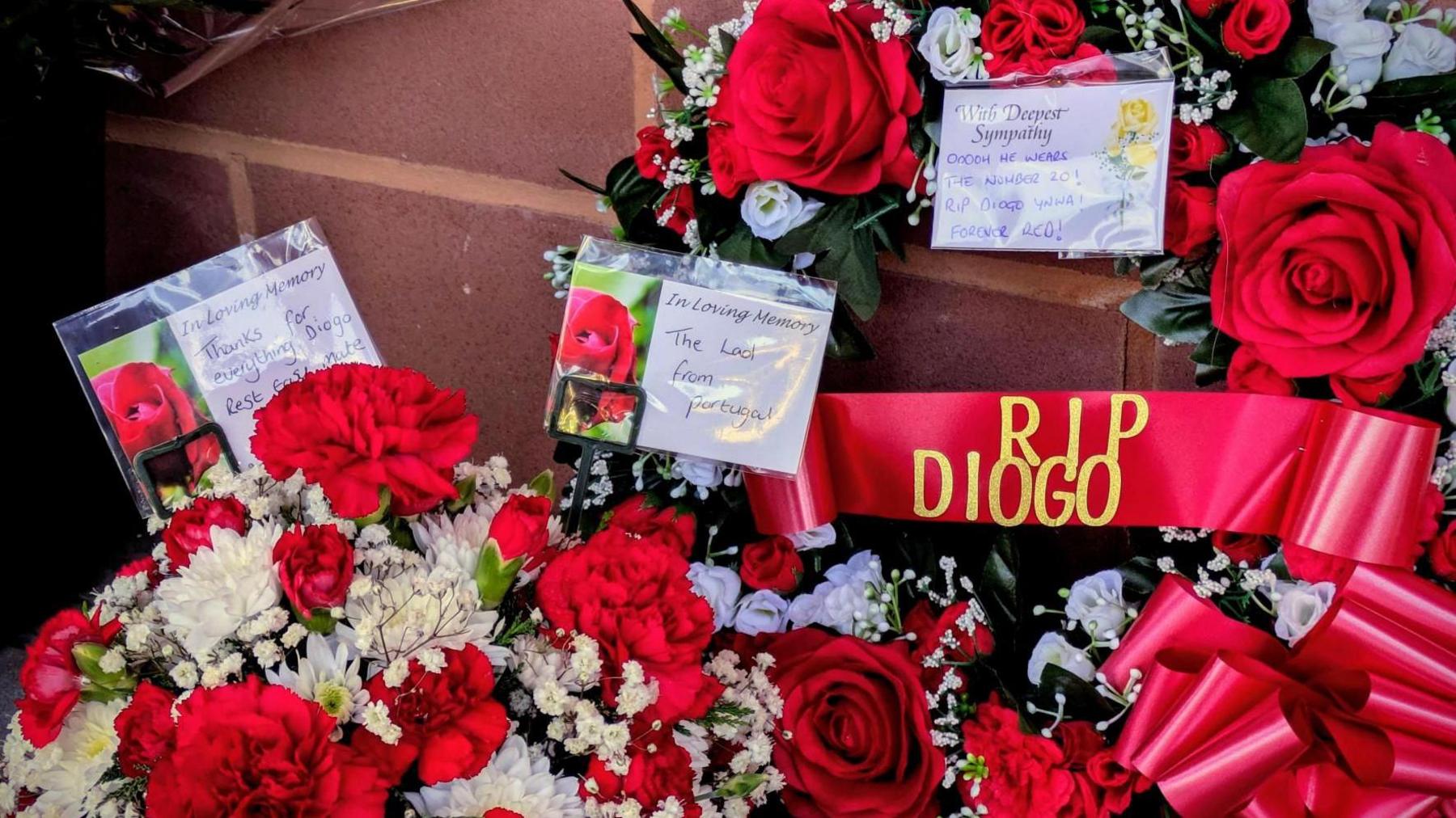 Liverpool fans have been leaving tributes to Diogo Jota outside Anfield stadium