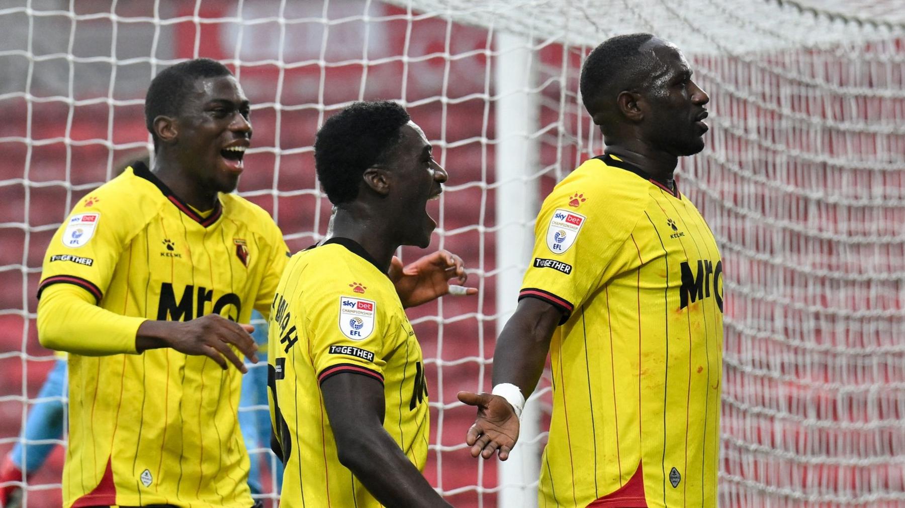 Watford celebrate Moussa Sissoko's winner at Middlesbrough