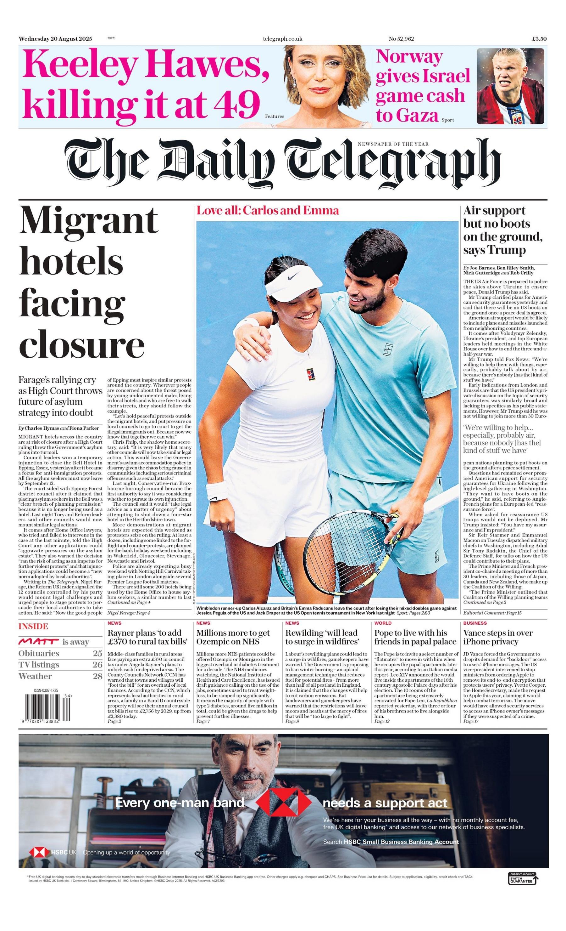 "Migrant hotels facing closure" reads the headline on the front page of The Daily Telegraph.