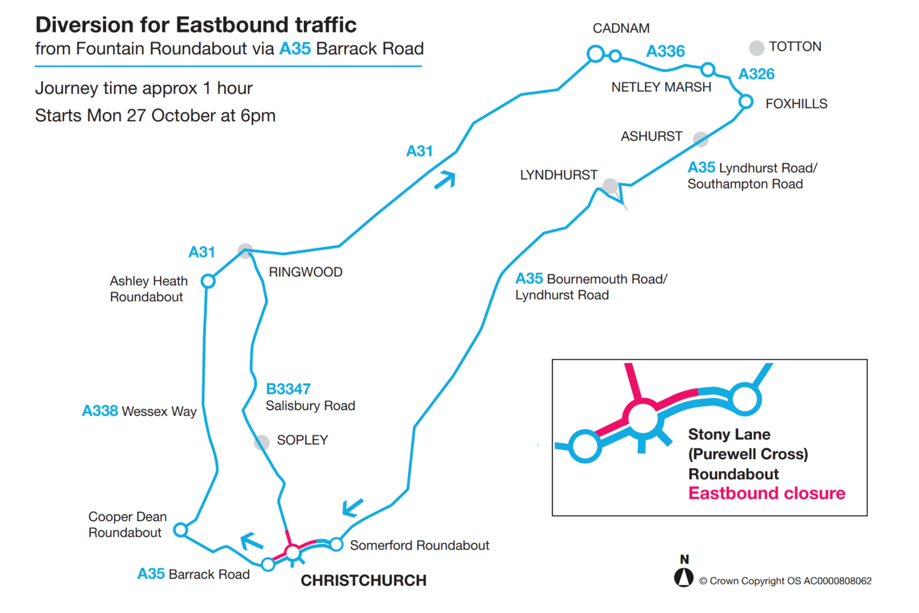 A simple map showing the diversion route in blue on a plain white background. The closed roads are shown in red.