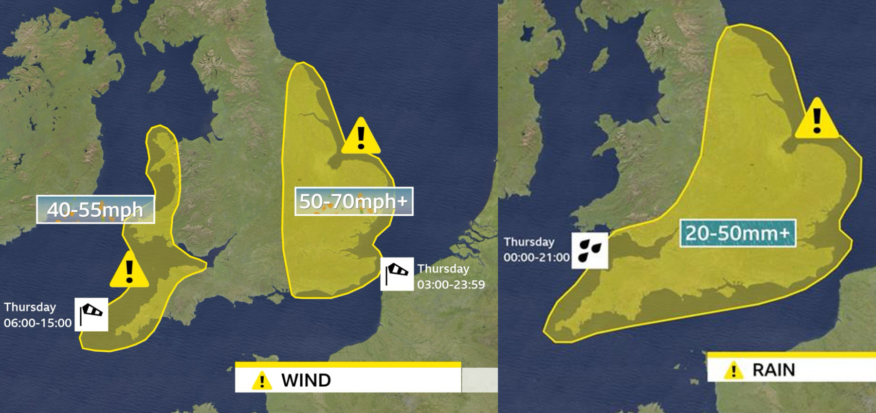 Two maps showing the areas where yellow severe weather warnings have been issued. On the right, rain covering much of southern and eastern England valid from midnight to 9pm on Thursday. On the left, wind warnings, one in west Wales and south-west England for 40-55mph valid from 6am to 3pm on Thursday, and one in eastern England for 50-70mph valid 3am to midnight Friday.