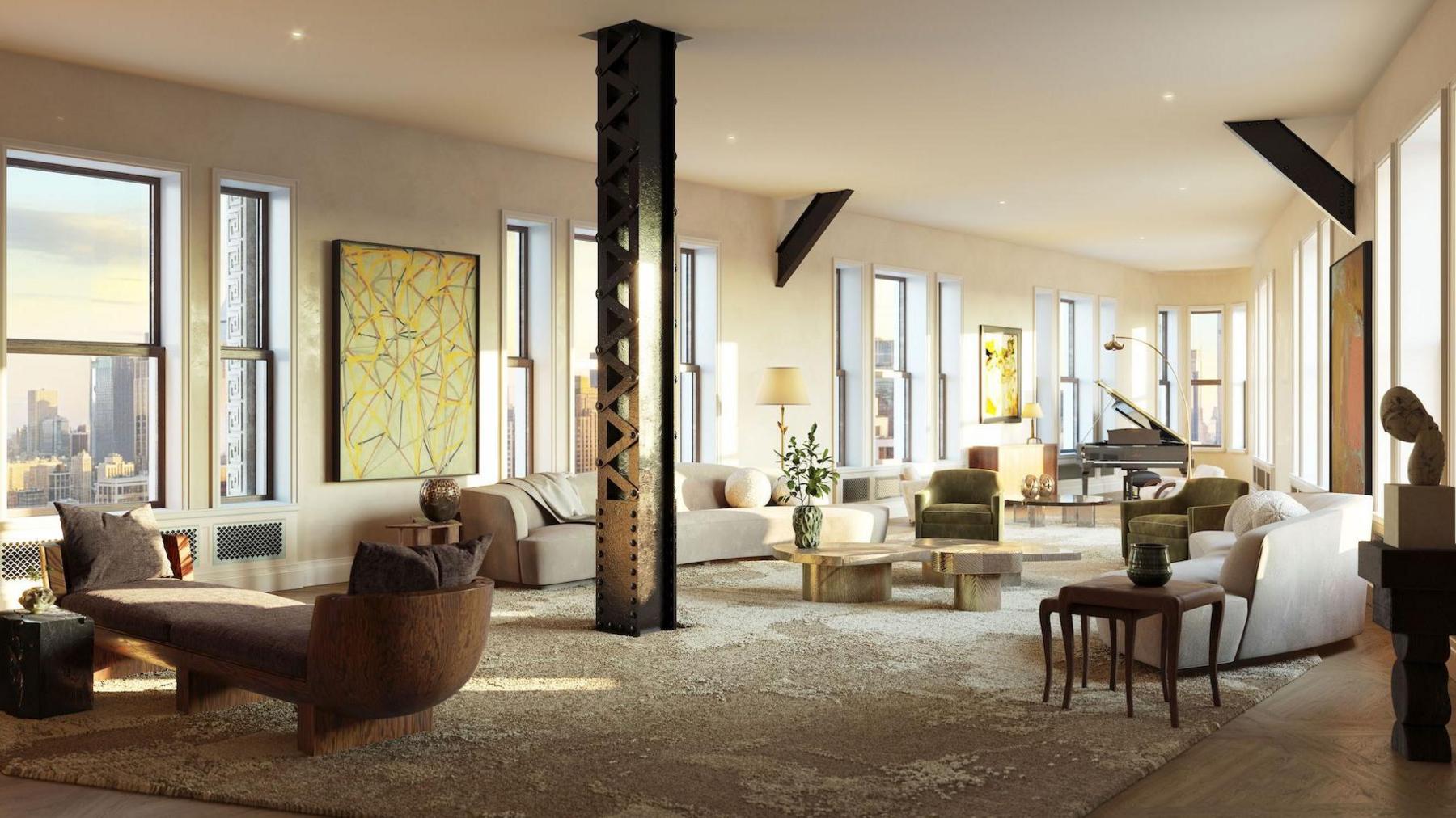 Large triangular room with windows all around and modern furniture