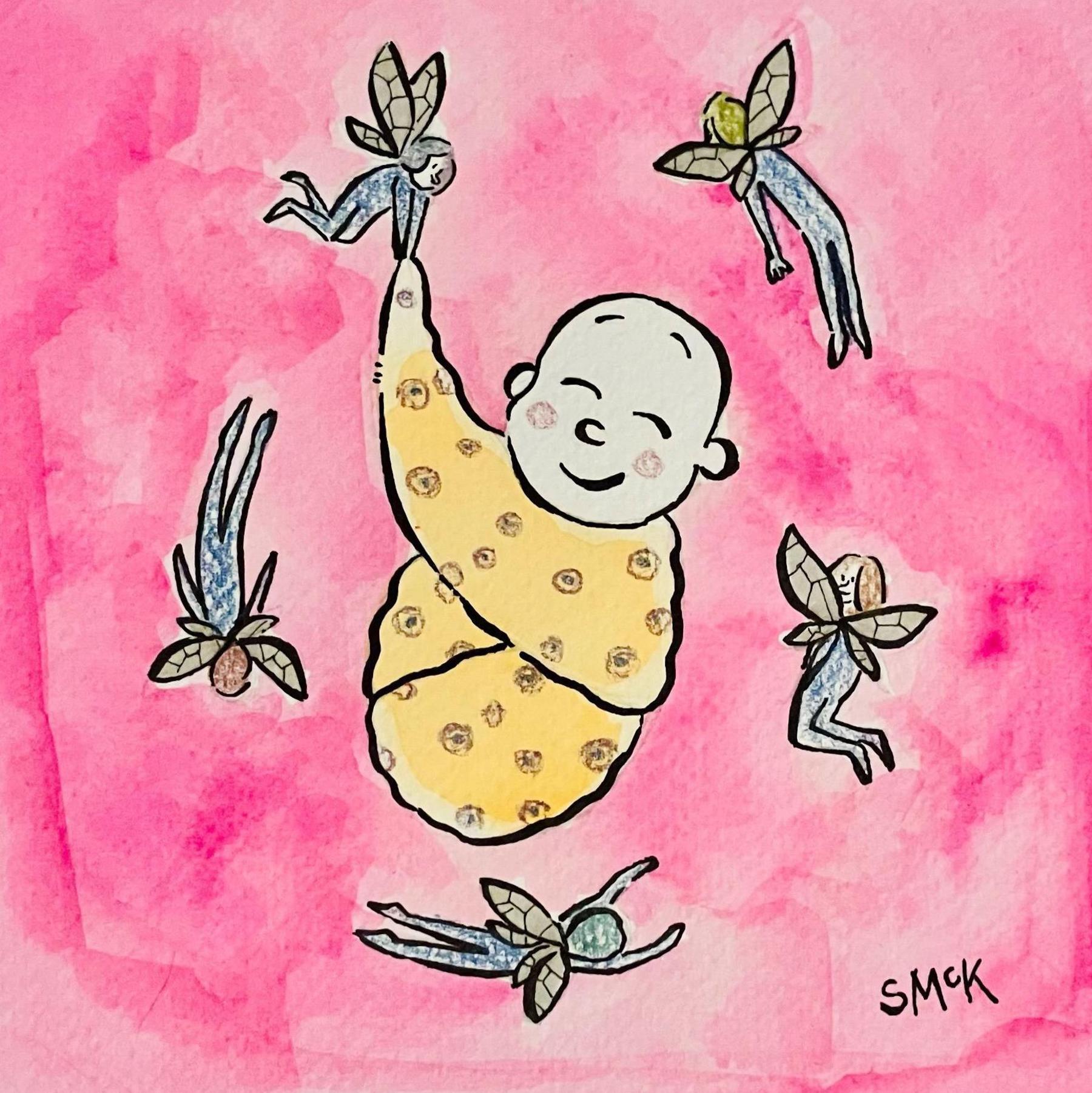 An illustration imagining the baby being swaddled in the flag by fairies.