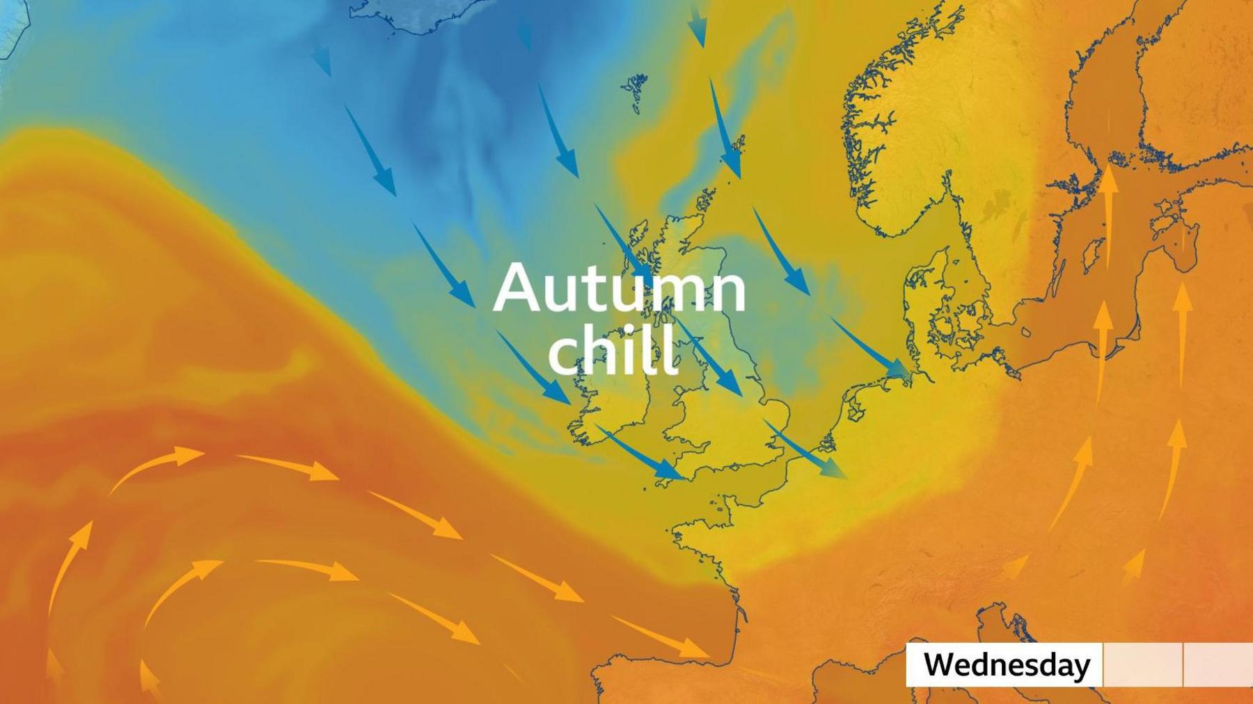 tv Weather graphic showing a cold plunge of air from the Arctic bringing an autumn chill to the UK on Wednesday