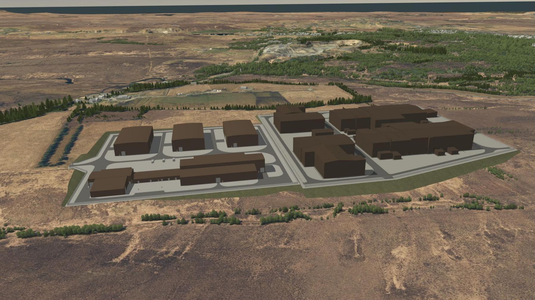 A visualisation of the Lewis Hub, a large complex of brown buildings in a landscape of sweeping moor and peatland. There are also areas of commercial forestry.
