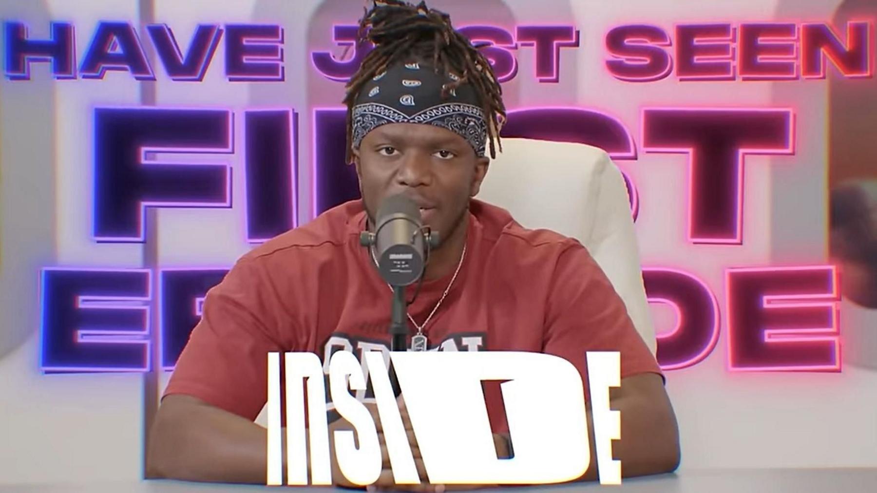 KSI in front of a microphone and a giant caption on the first series of Inside