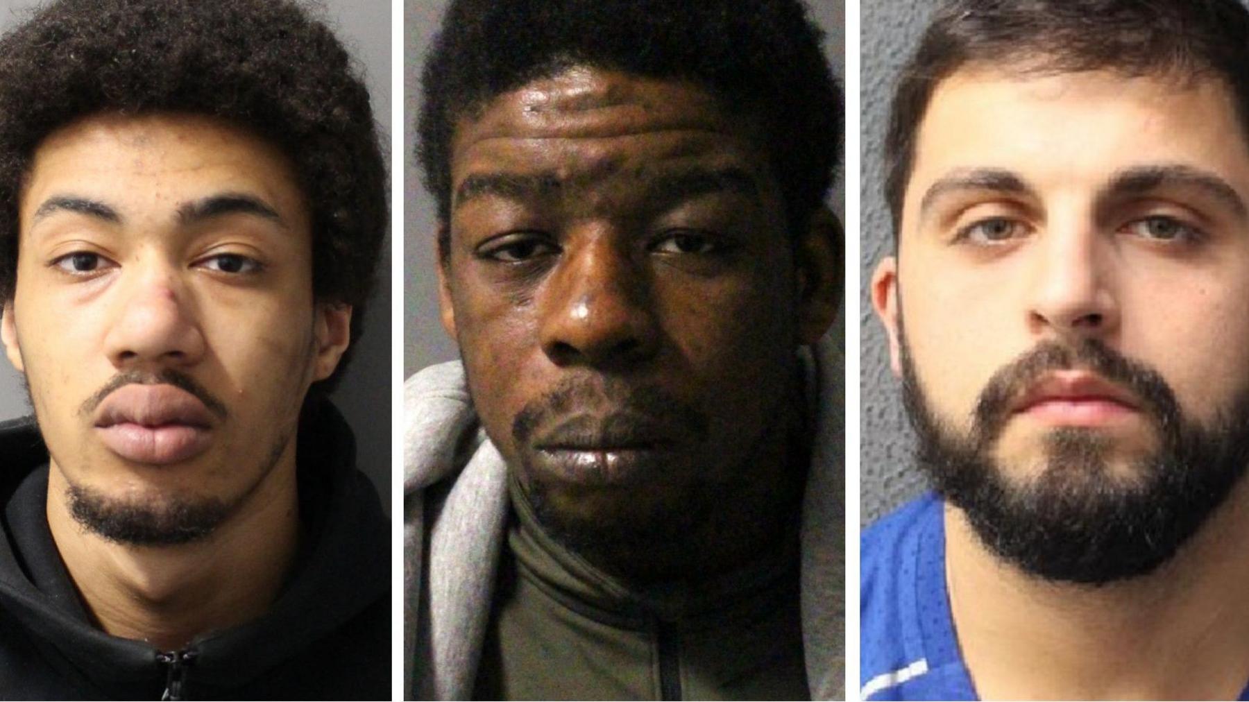 Composite of Xavier Poponne, Abel Chunda and Eden Clark police mugshots.
Pomponne wears a dark tracksuit top and has short fluffy facial hair on his chin and a blemish on the side of his nose. Chunda wears a grey tracksuit jacket over an olive-green high neck shell top with a zip. He has stubble and an uneven skin tone. Clark wears a blue football shirt and a beard and moustache. All three are pictured in front of a grey wall and are looking at the camera with sullen expressions.