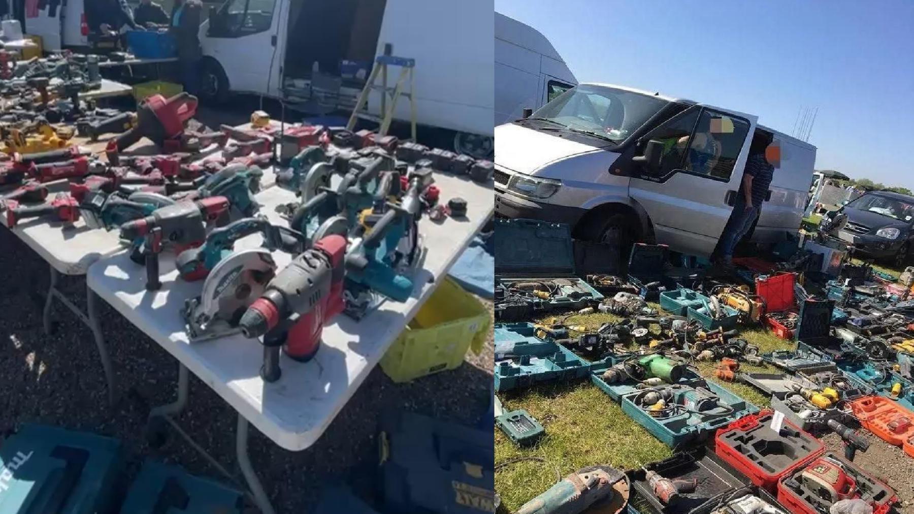 Two images. Both of lots of power tools laid out at a car boot sale. 