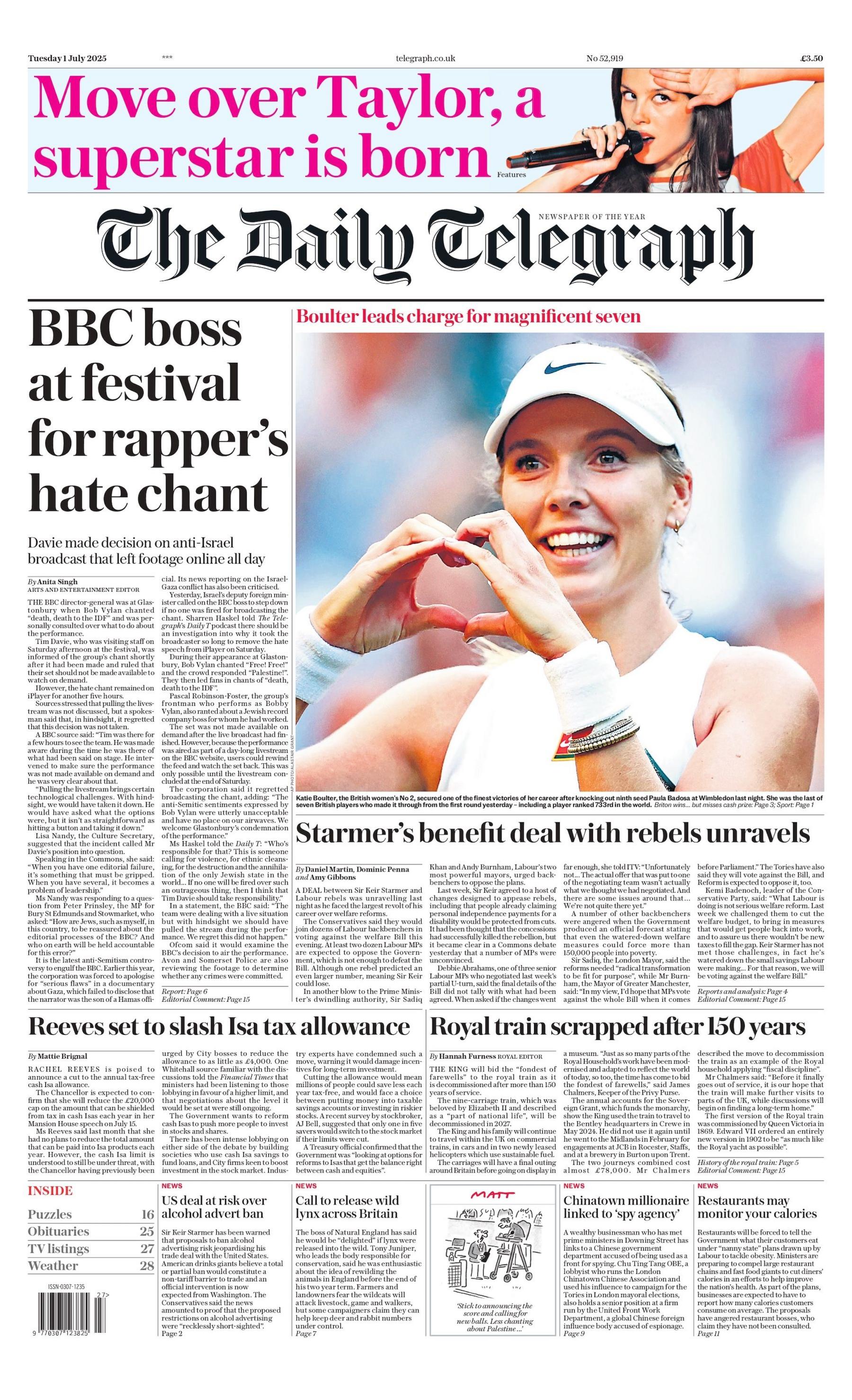 "BBC boss at festival for rapper's hate chant" reads the headline on the front page of The Daily Telegraph.