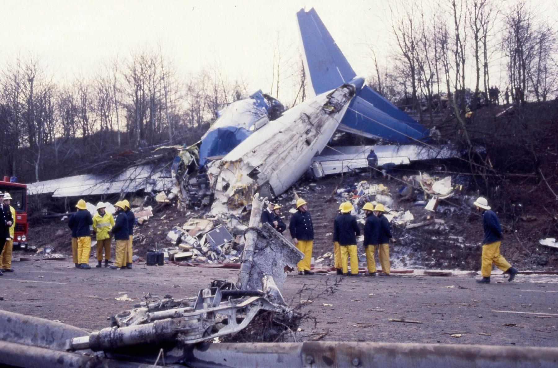 Colour photo of the wreckage of the British Midlands Boeing 737 400 plane on the M1 motorway embankment near East Midlands Airport 