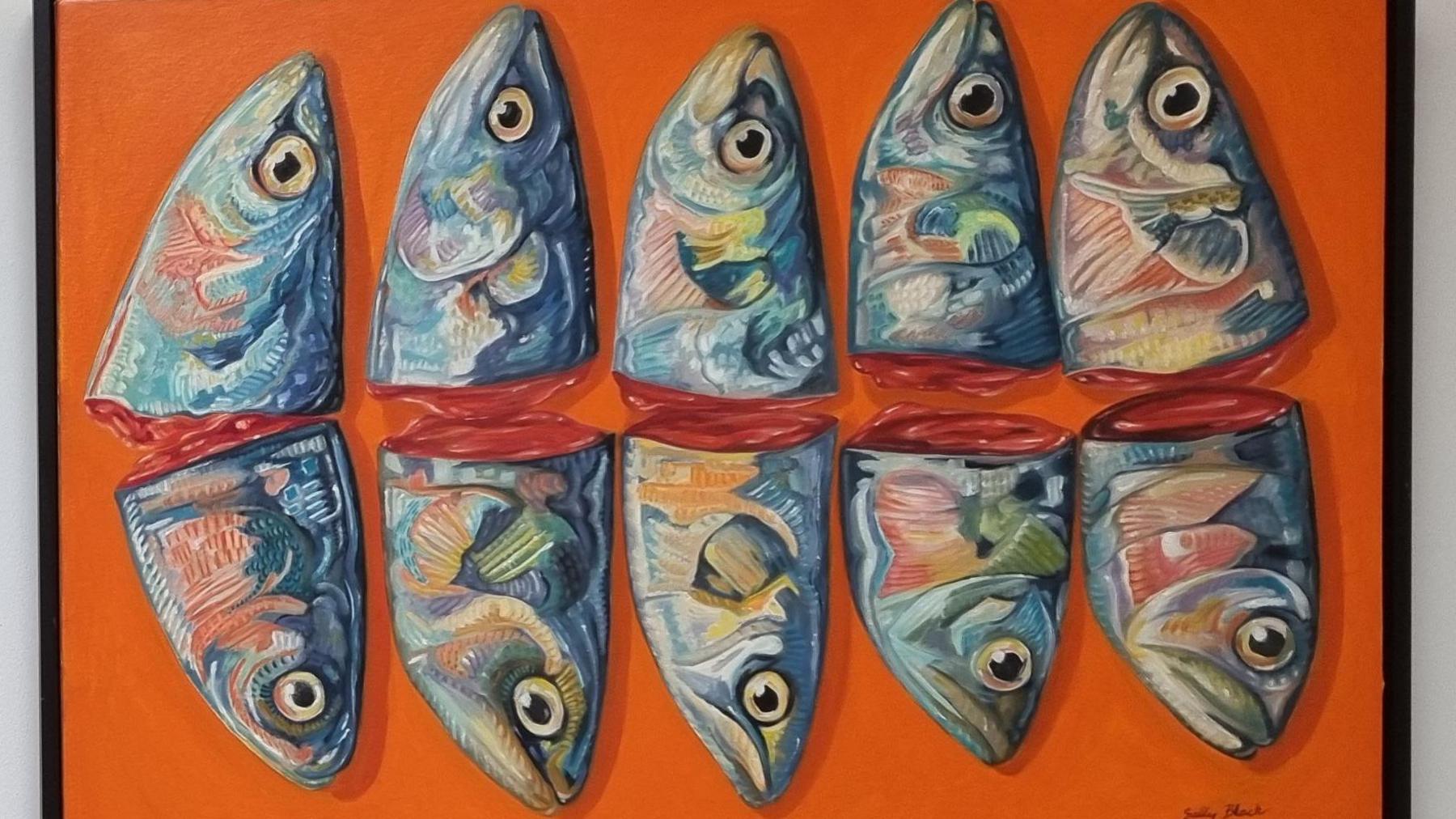A painting of 10 colourful severed fish heads on an orange background.