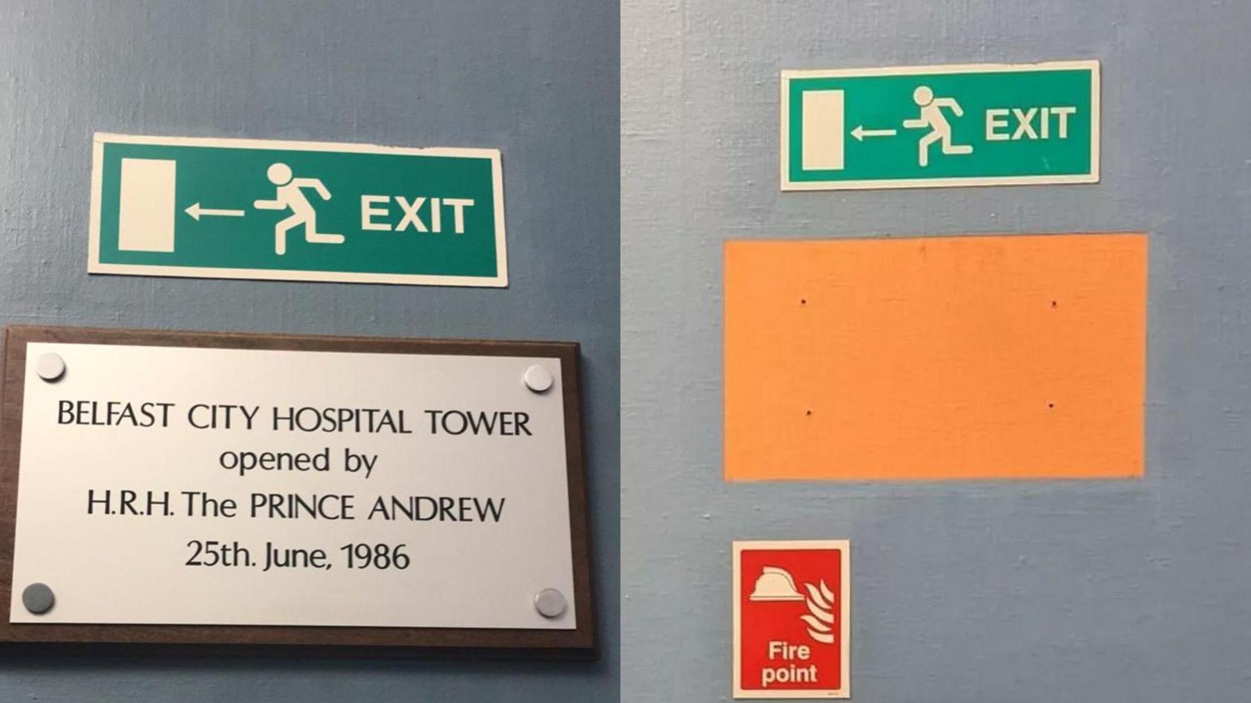 The plaque at Belfast City Hospital which reads 'Belfast City Hospital Tower opened by H.R.H. the Prince Andrew 25th June 1986', and right, an orange square on a dark grey wall after it was removed