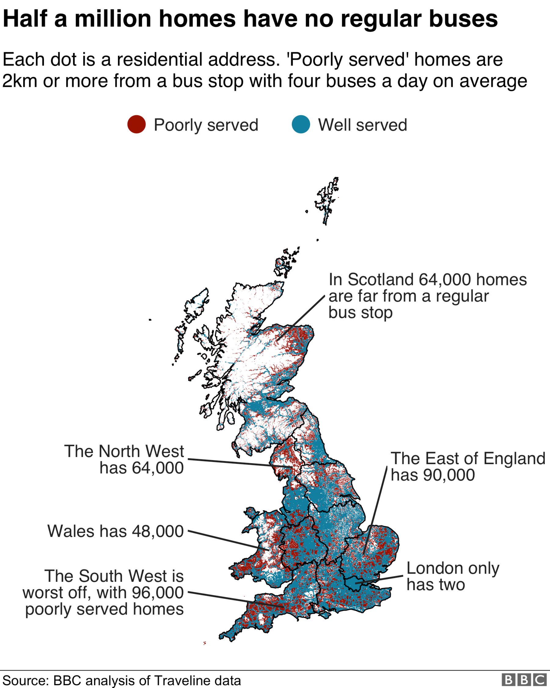 Map showing areas where houses are not served by a regular bus