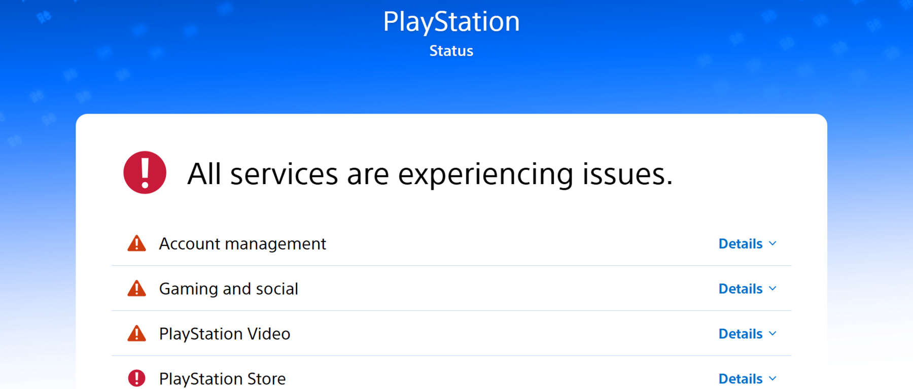 error message on Sony PlayStation status site at 1730 on Friday 24 July with the words "All services are experiencing issues"