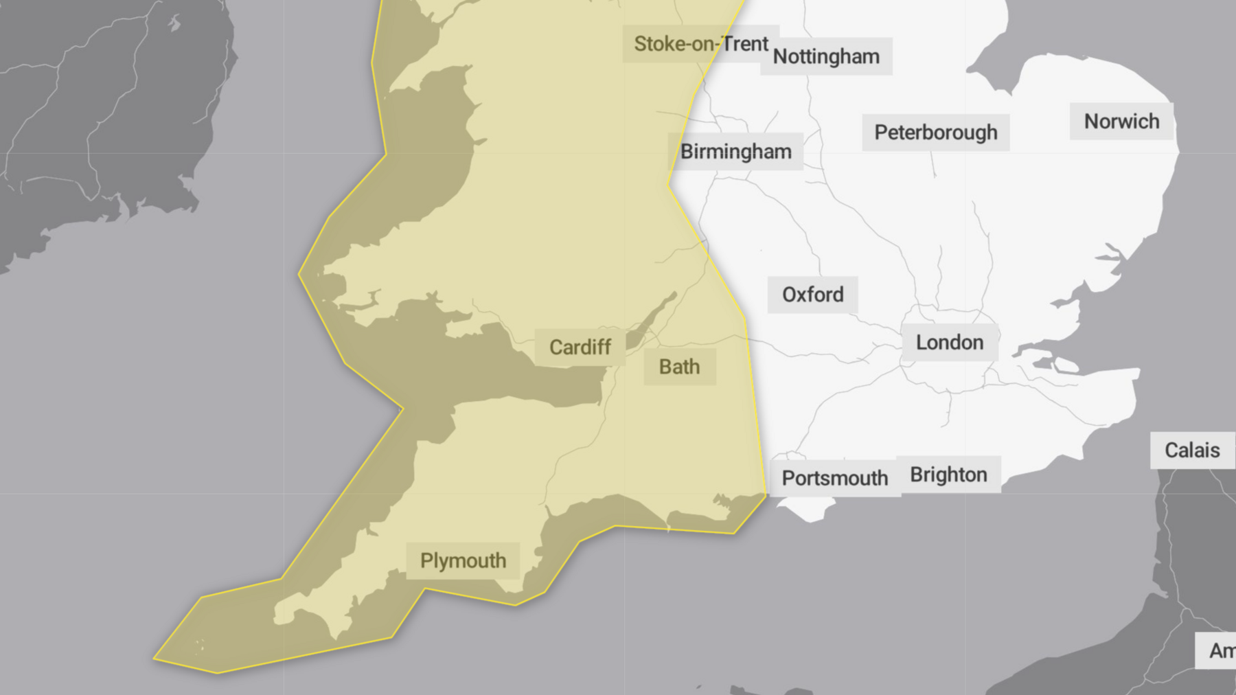 A grey and white map of the bottom of the UK, with yellow highlighting the left hand side of the UK signalling a yellow weather warning