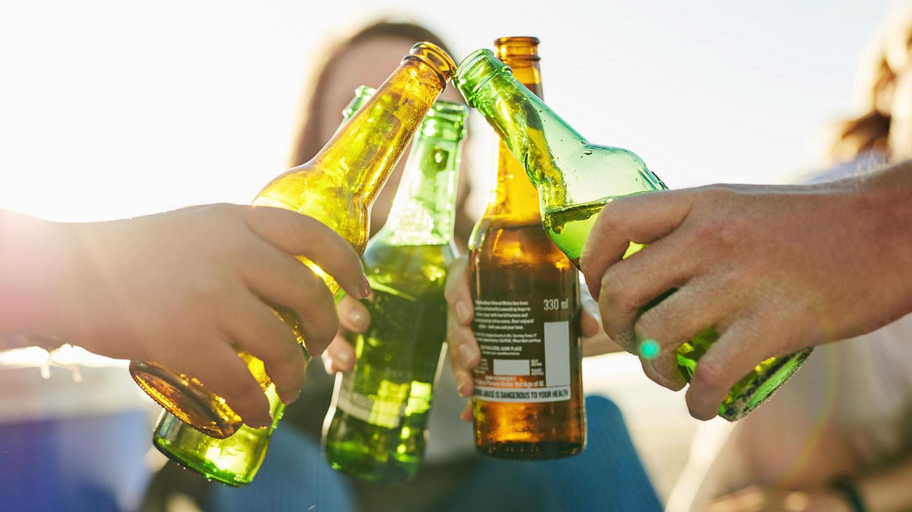 Five hands holding bottles. They are being clinked together. The sun is shining but the people are blurred.