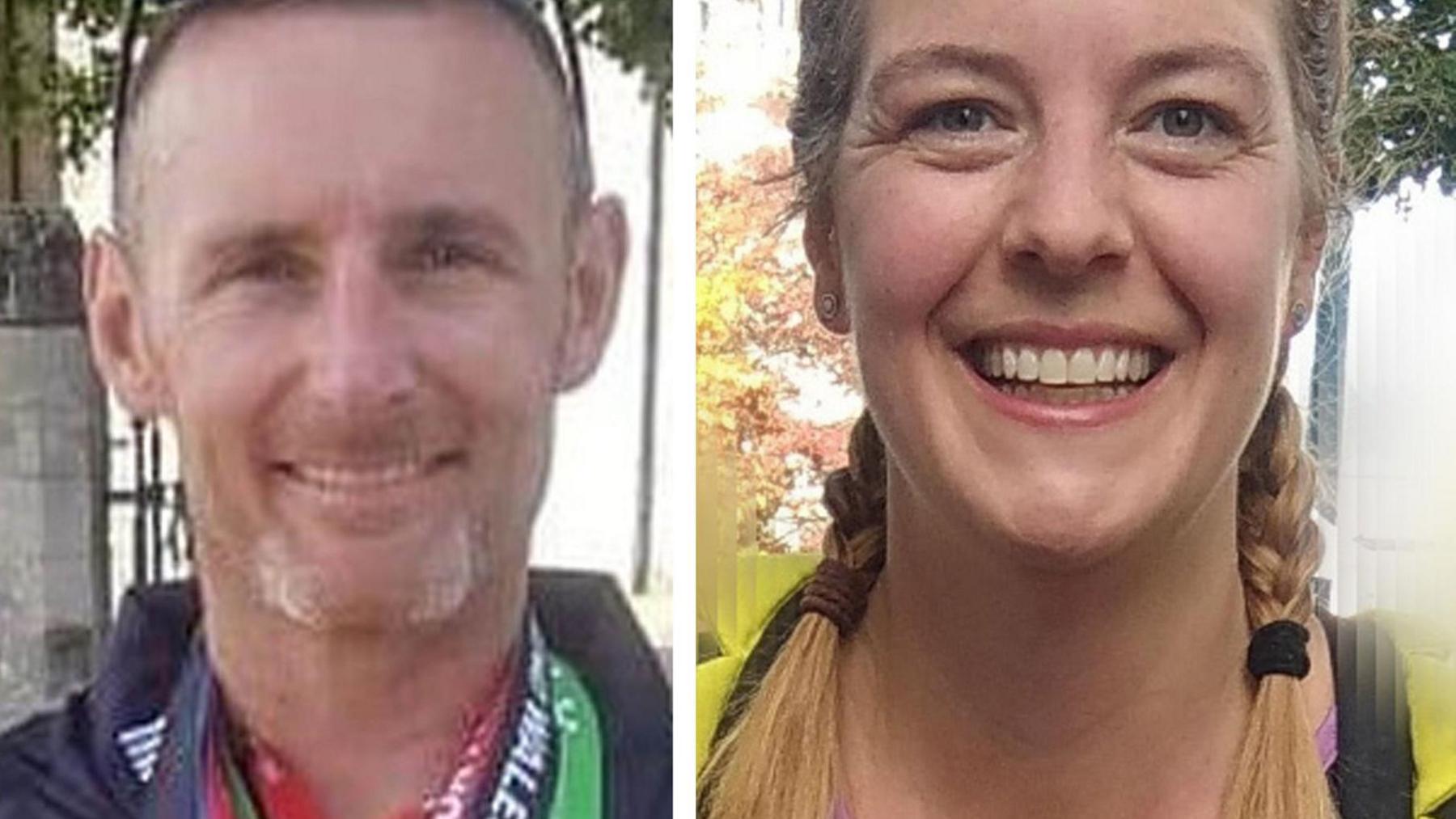 Two images side my side. Paul, on the left, has facial hair and appears to be wearing sporting medals. Andrea, on the right, has blonde paints in her hair. Both are smiling. 