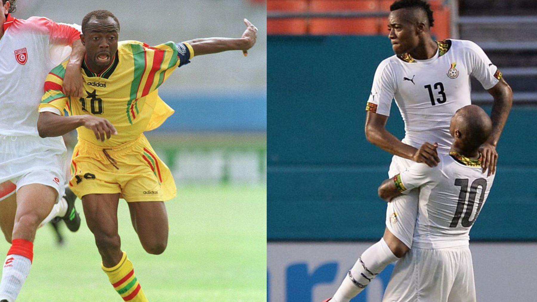 Abedi Pele (left) playing in yellow during an international match for Ghana. Jordan and Andre Ayew (right) playing in white, celebrating after Jordan scored for Ghana in an international match.