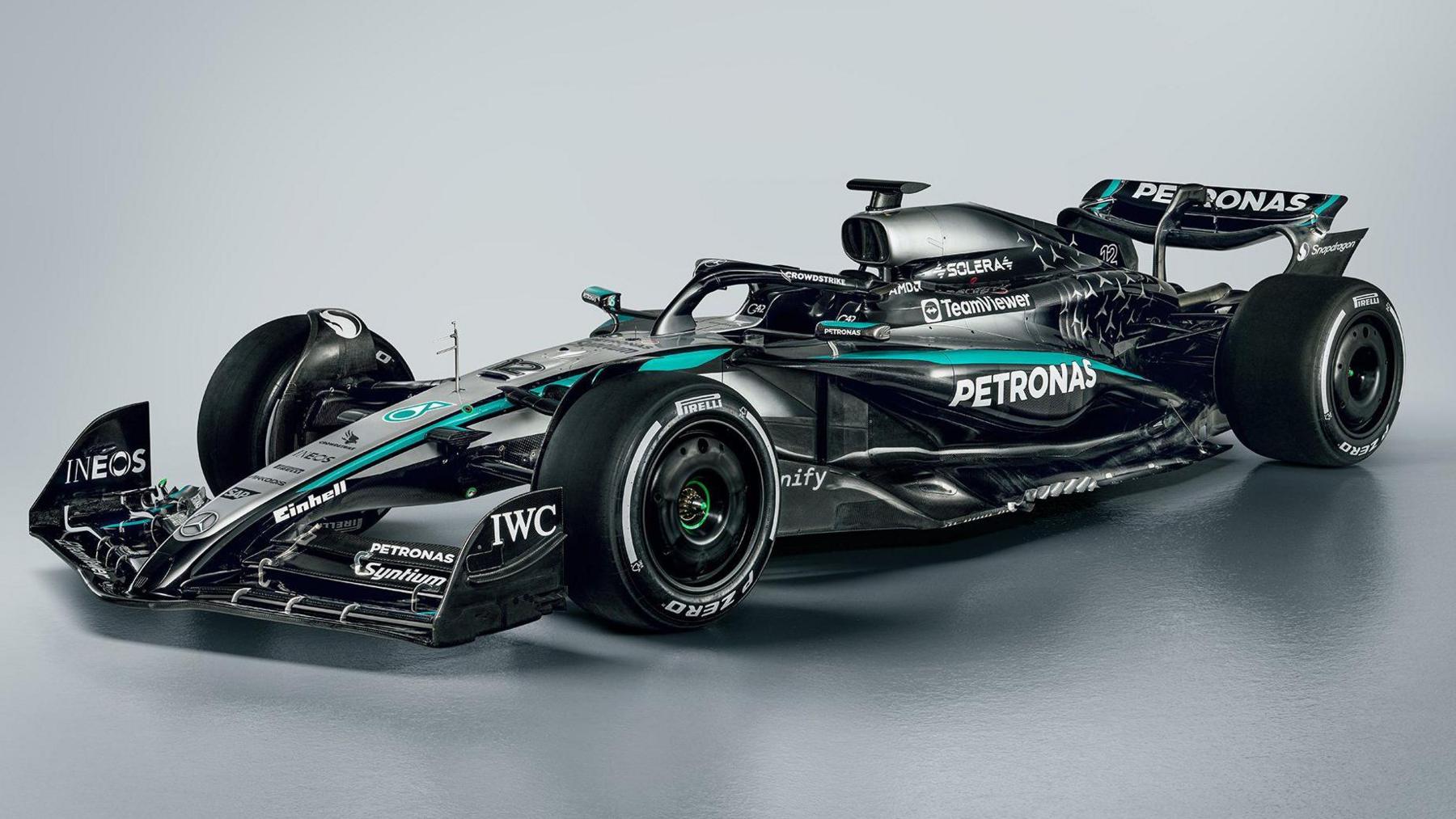 A computer-generated image of the the Mercedes W16 F1 car