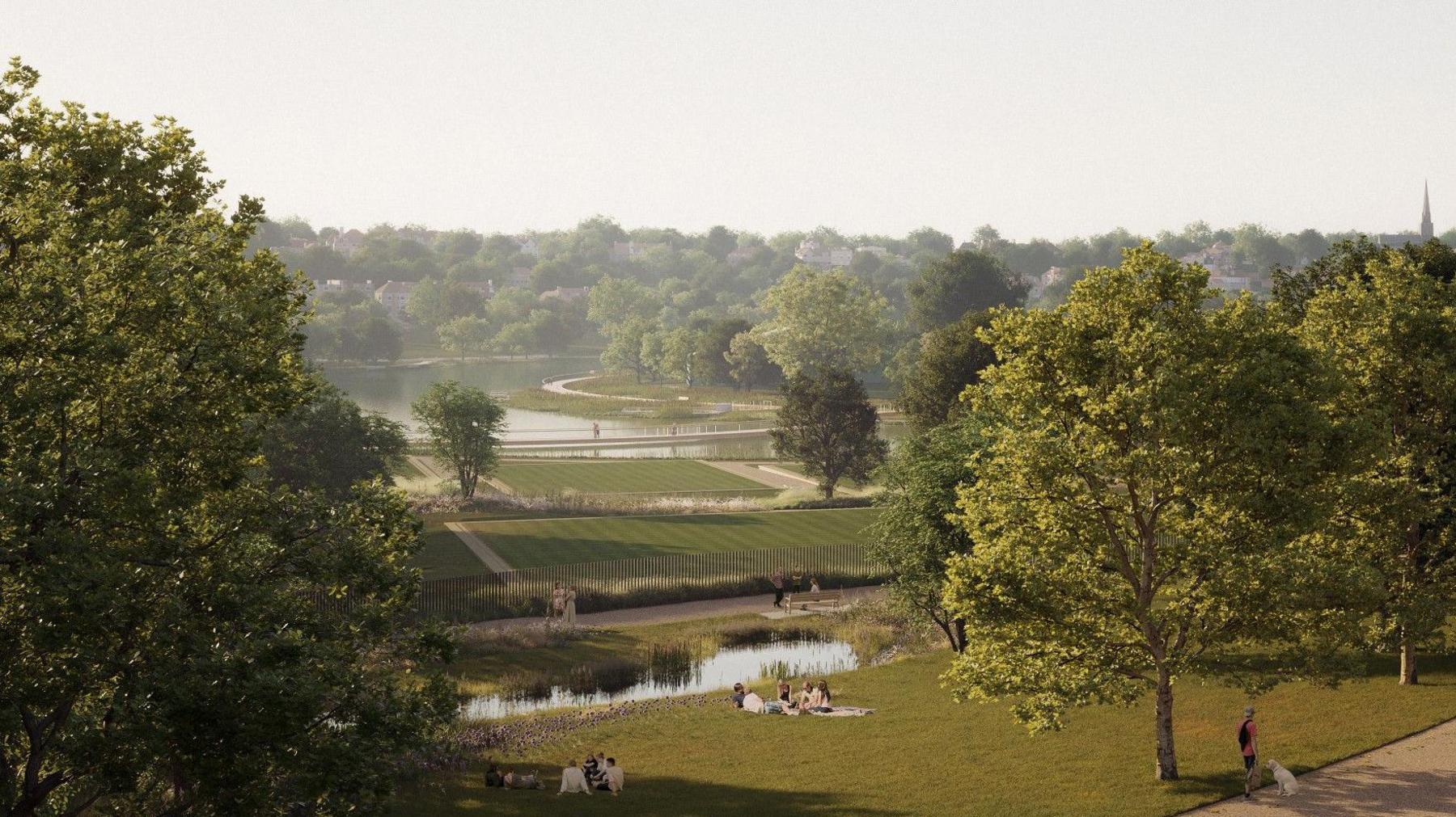 CGI of what the northern parkland would look like, with trees, the lake and people resting on the grass.
