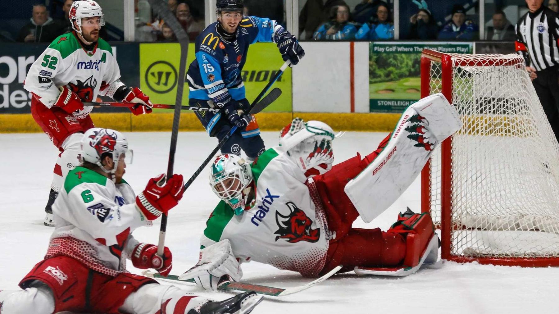 Netminder Ben Bowns in action Cardiff Devils against Coventry Blaze